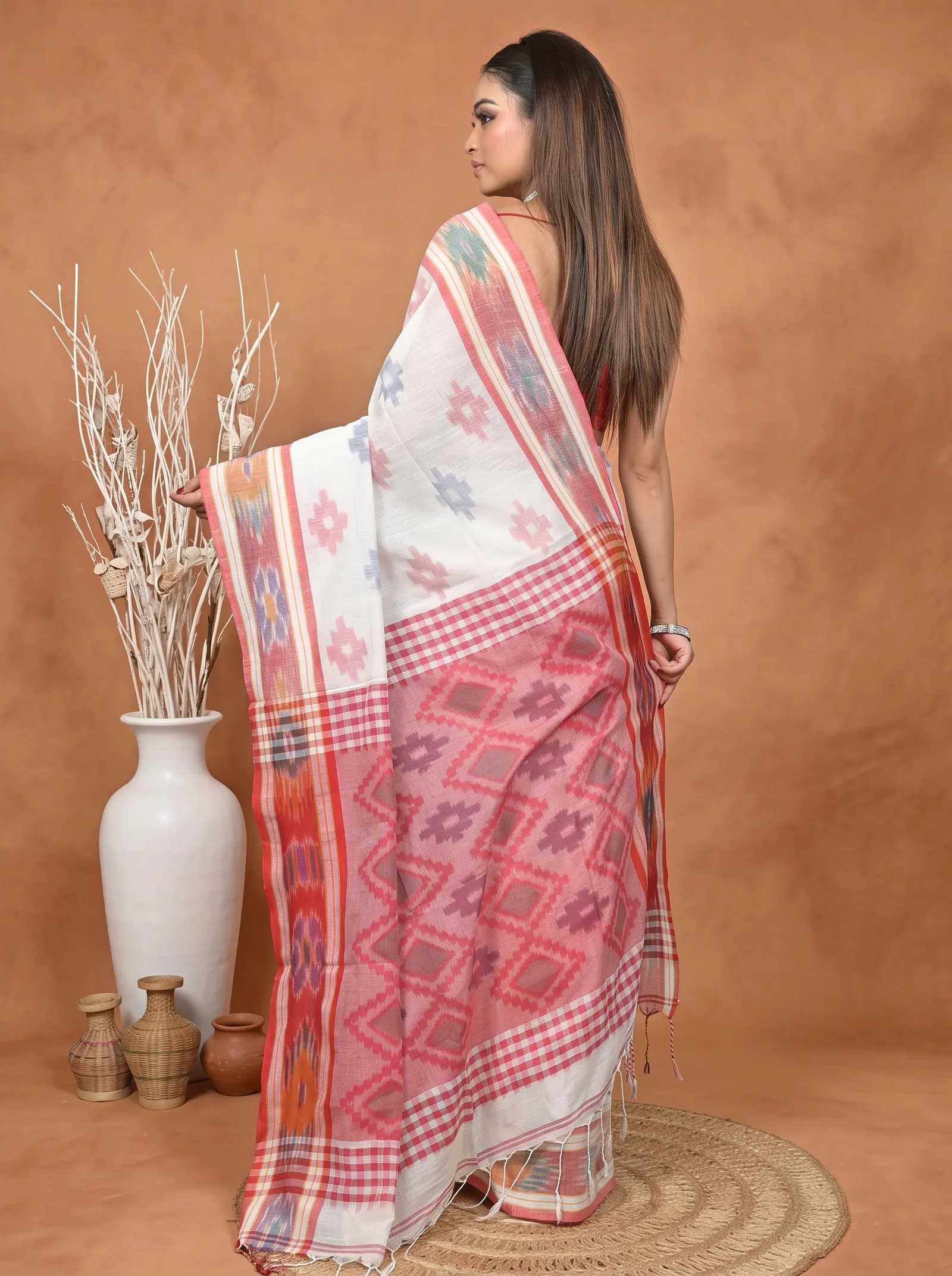 DipDiya Khadi Cotton  Traditional Bengali White Red Artisan Crafted Soukor Kotki Saree
