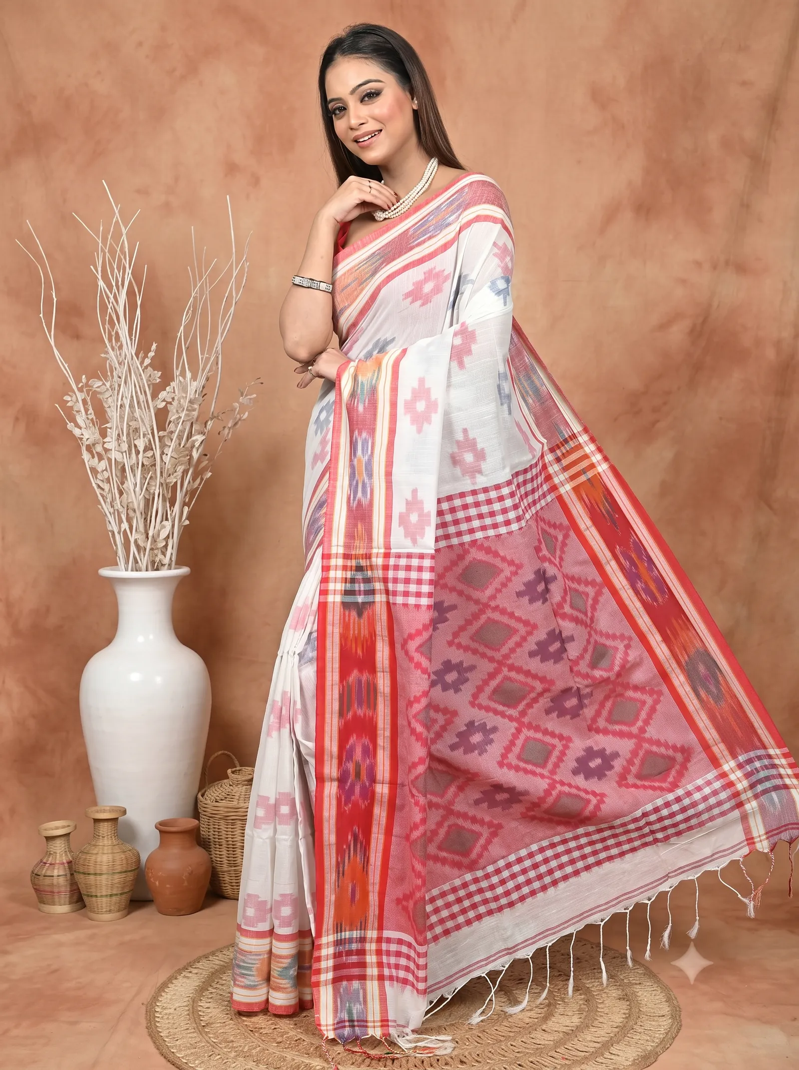DipDiya Khadi Cotton  Traditional Bengali White Red Artisan Crafted Soukor Kotki Saree