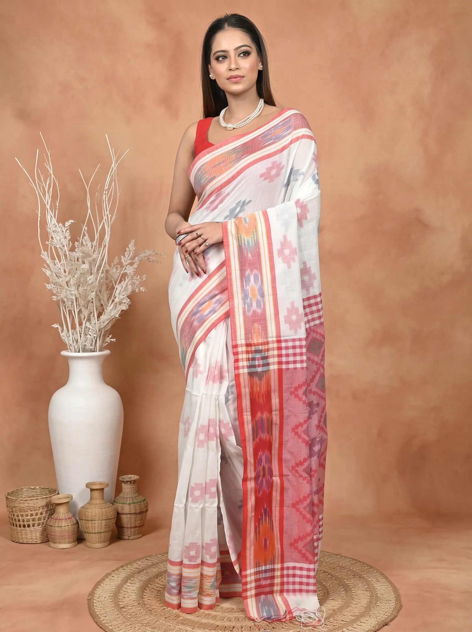 DipDiya Khadi Cotton  Traditional Bengali White Red Artisan Crafted Soukor Kotki Saree