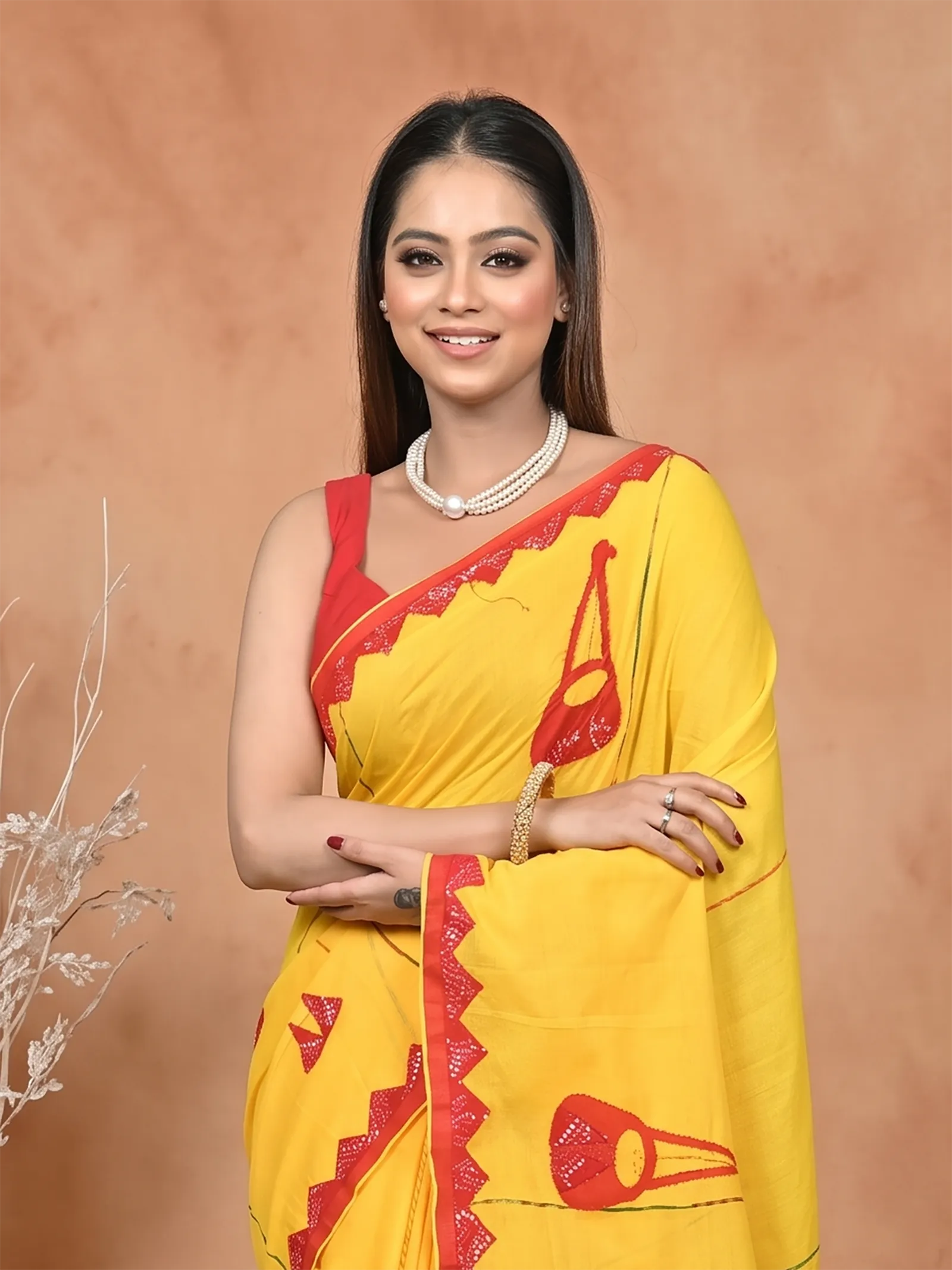 DipDiya Khadi Cotton  Traditional Bengali Yellow Red Artisan Crafted Ektara Applique Saree