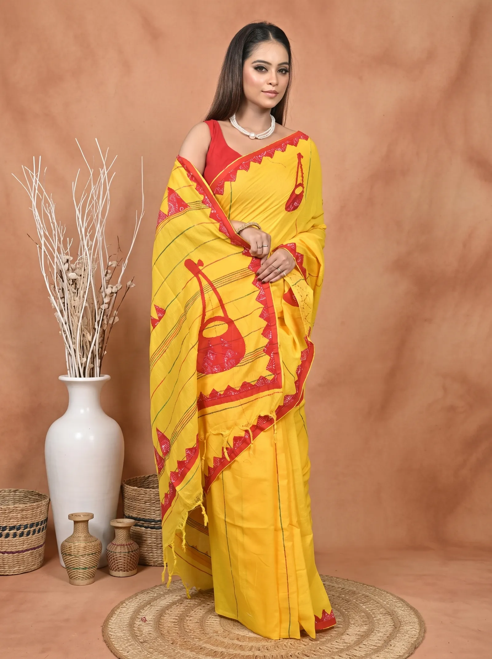 DipDiya Khadi Cotton  Traditional Bengali Yellow Red Artisan Crafted Ektara Applique Saree