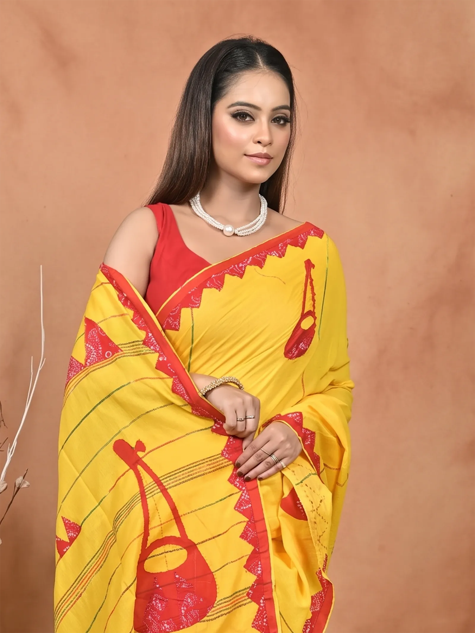 DipDiya Khadi Cotton  Traditional Bengali Yellow Red Artisan Crafted Ektara Applique Saree