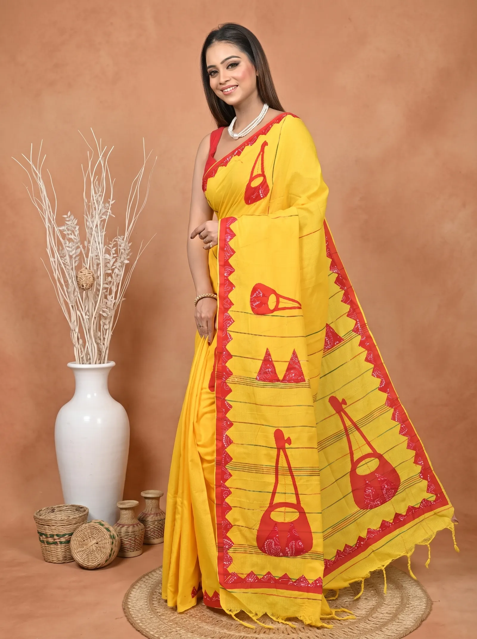 DipDiya Khadi Cotton  Traditional Bengali Yellow Red Artisan Crafted Ektara Applique Saree