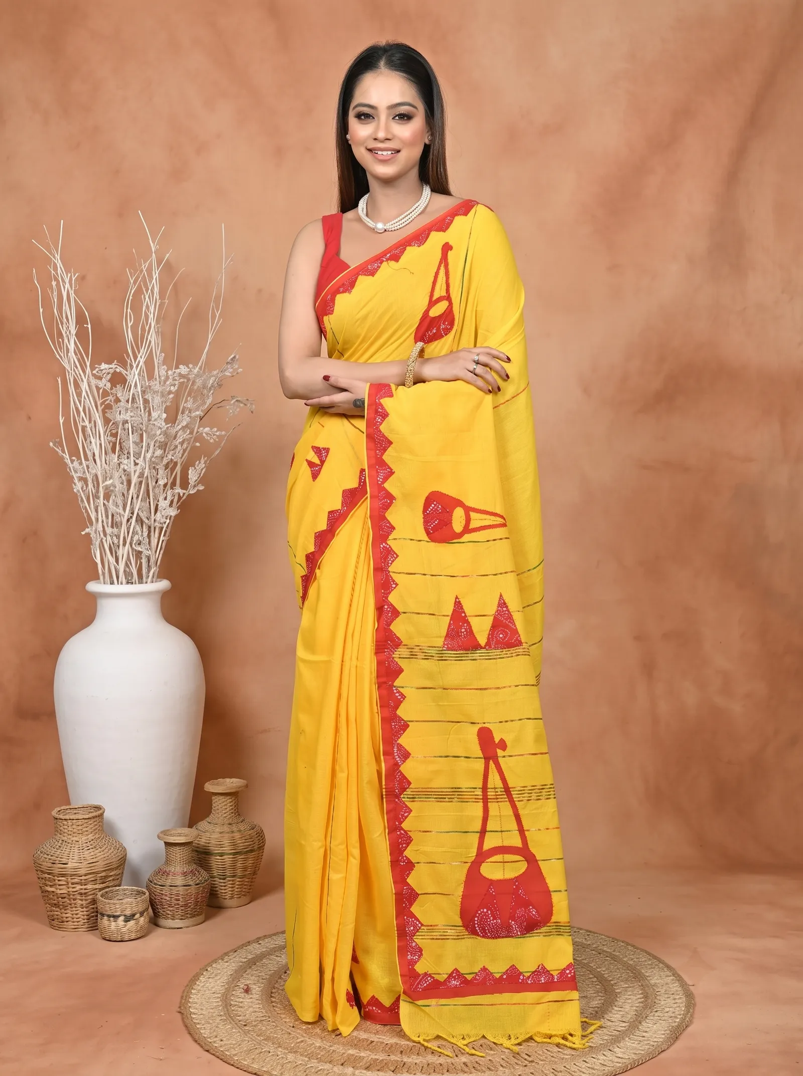 DipDiya Khadi Cotton  Traditional Bengali Yellow Red Artisan Crafted Ektara Applique Saree