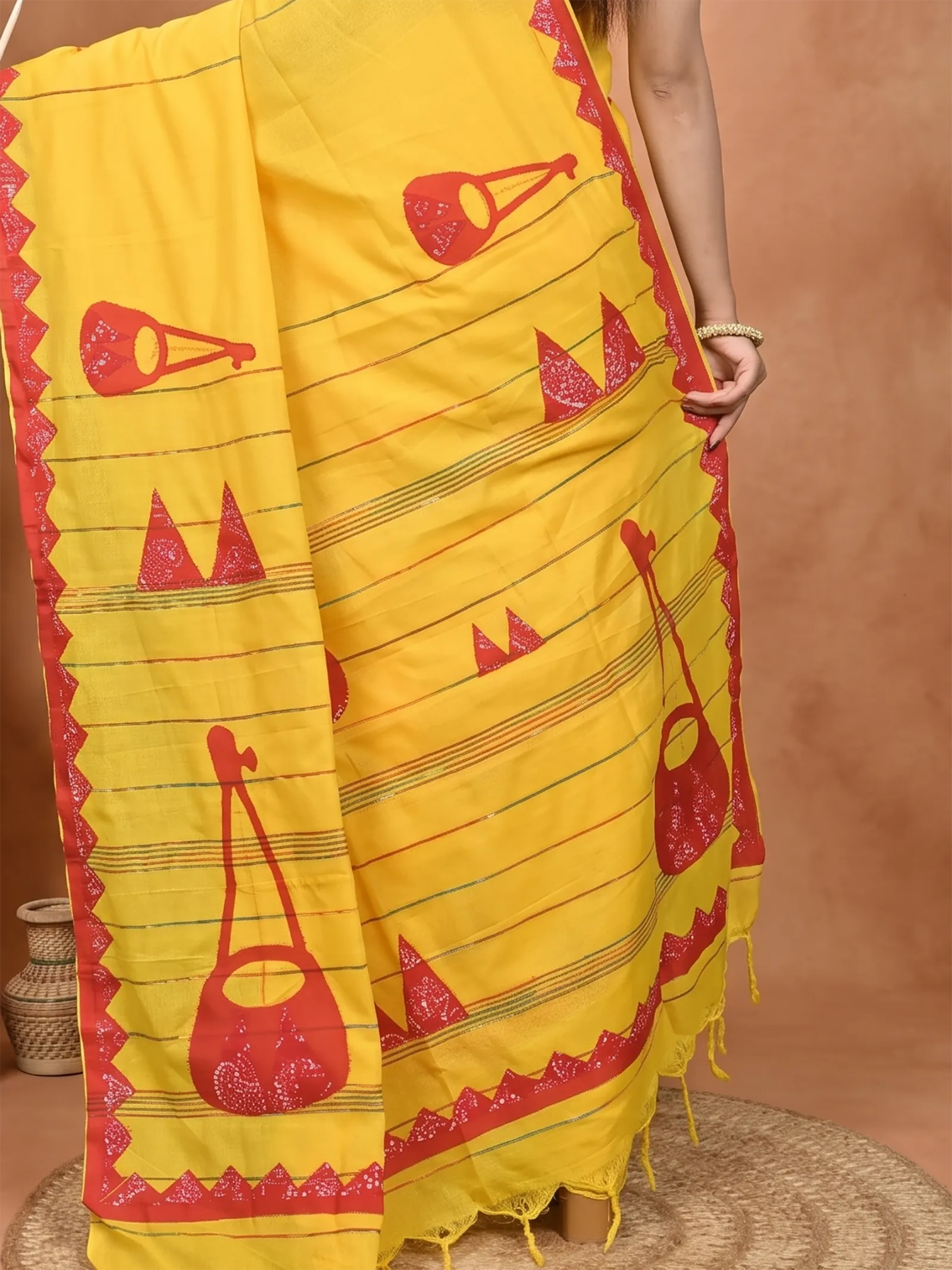 DipDiya Khadi Cotton  Traditional Bengali Yellow Red Artisan Crafted Ektara Applique Saree