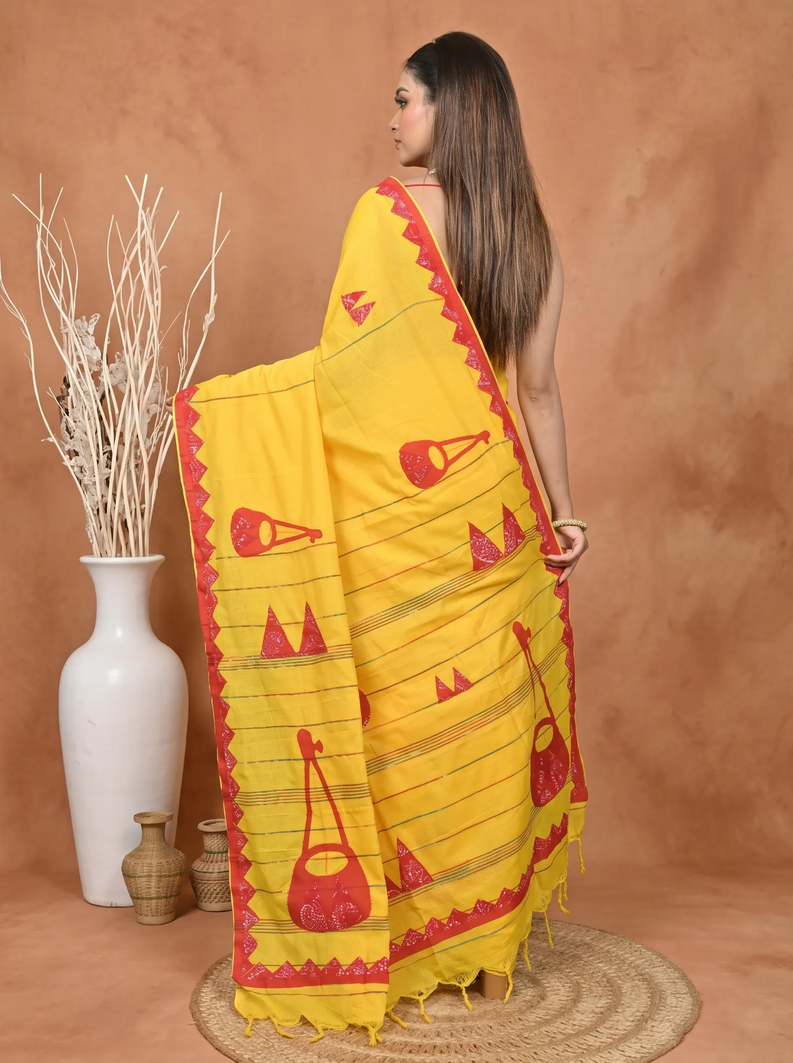 DipDiya Khadi Cotton  Traditional Bengali Yellow Red Artisan Crafted Ektara Applique Saree