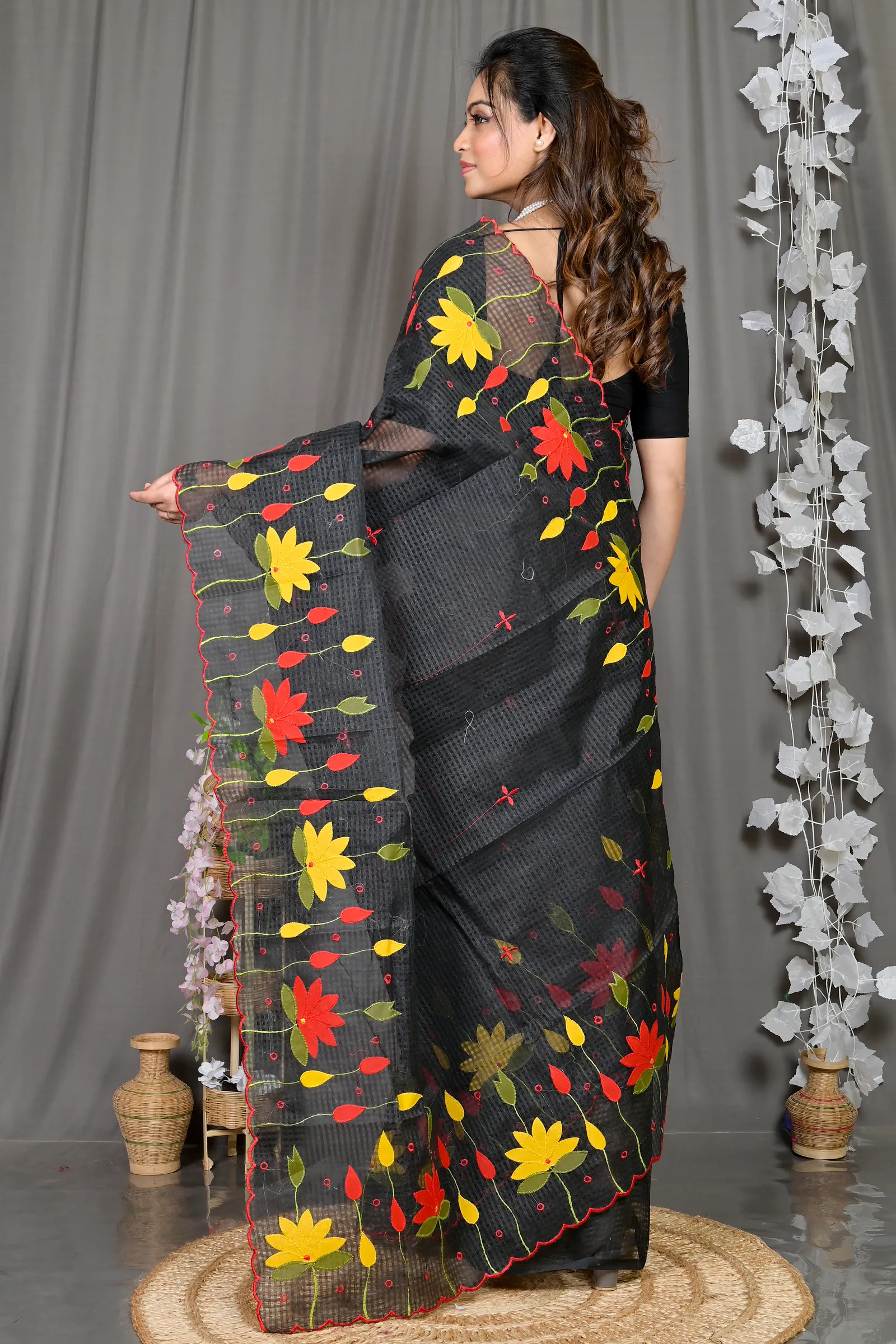 DipDiya Kota Cotton Black Parva The Bengali Classic Kota Applique Sarees