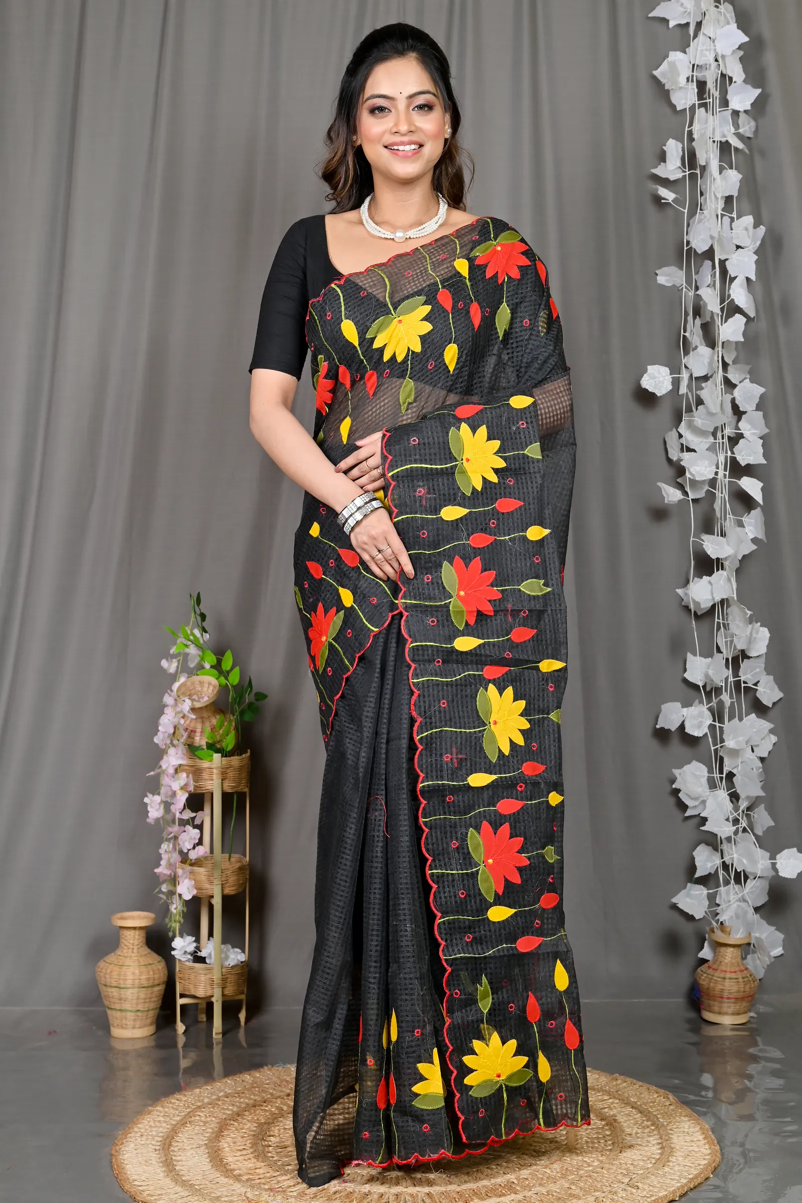 DipDiya Kota Cotton Black Parva The Bengali Classic Kota Applique Sarees