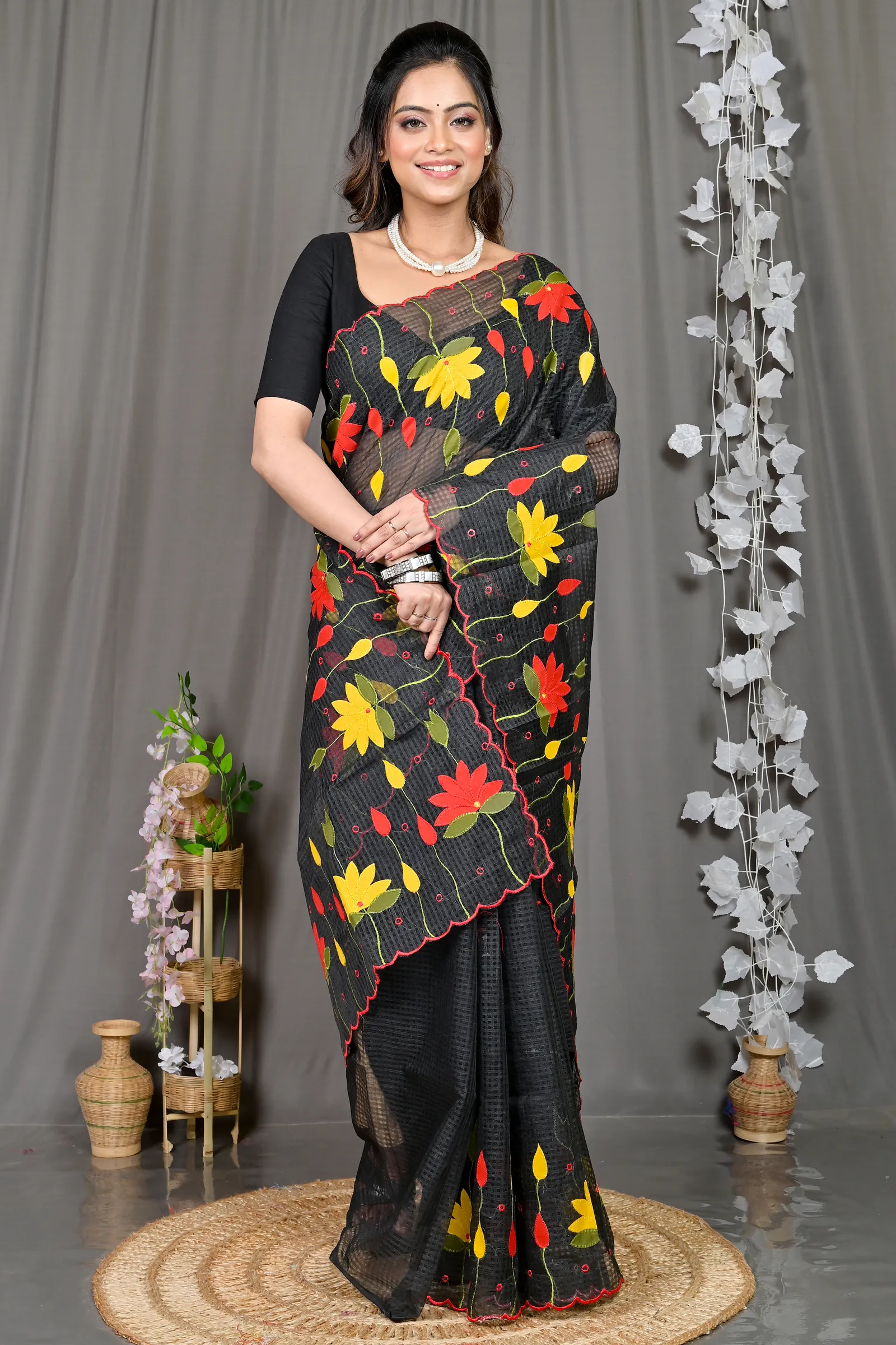 DipDiya Kota Cotton Black Parva The Bengali Classic Kota Applique Sarees