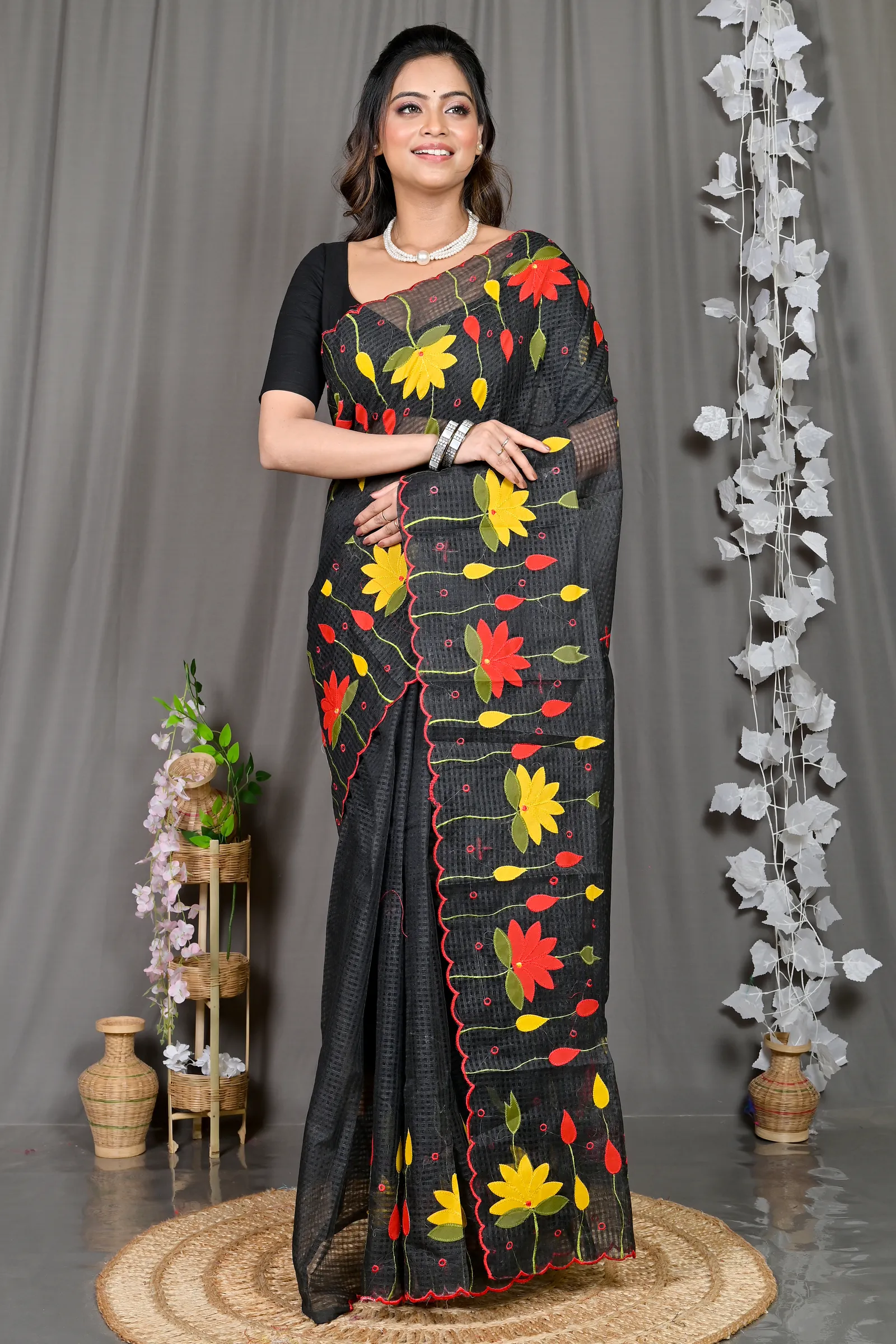 DipDiya Kota Cotton Black Parva The Bengali Classic Kota Applique Sarees