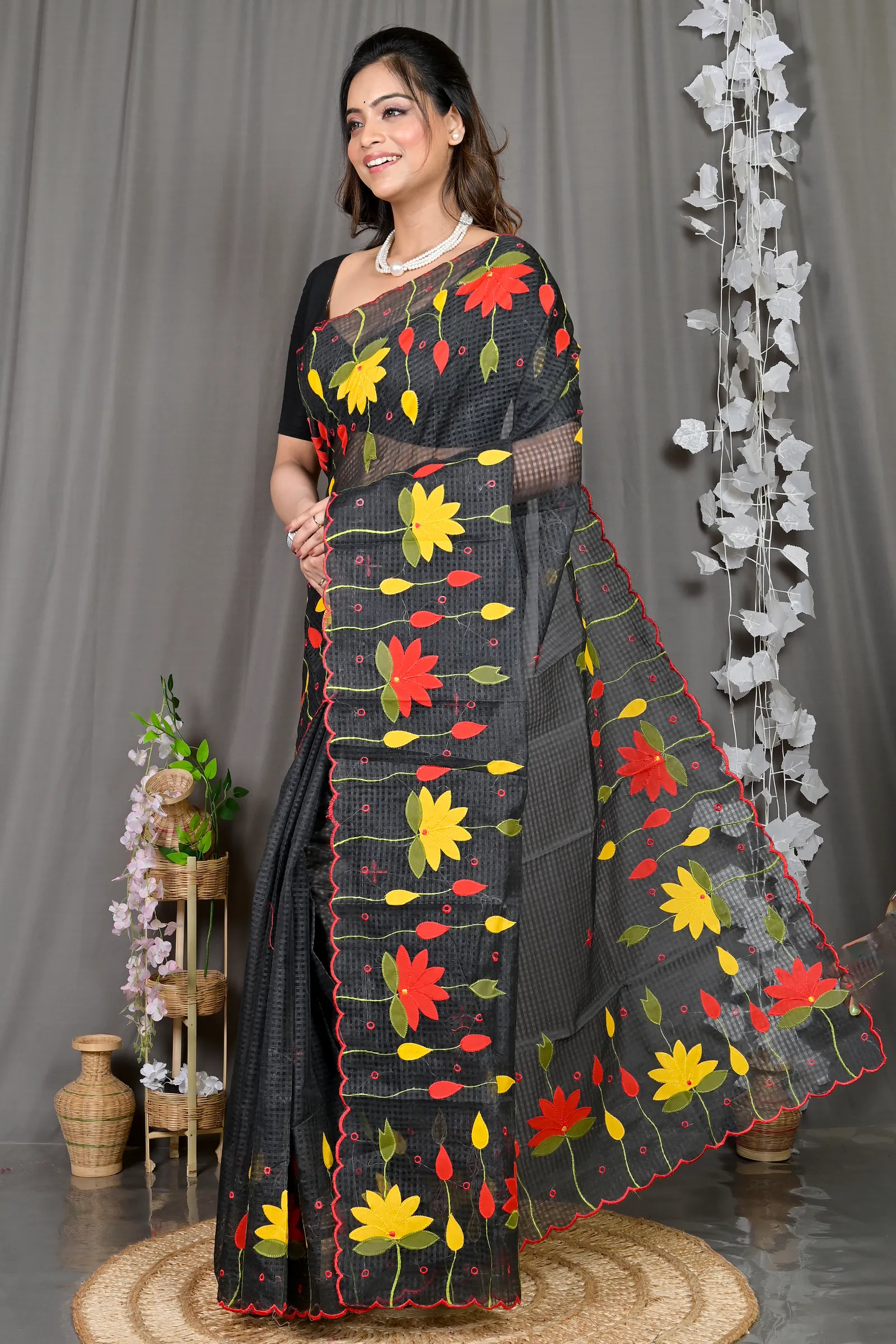 DipDiya Kota Cotton Black Parva The Bengali Classic Kota Applique Sarees