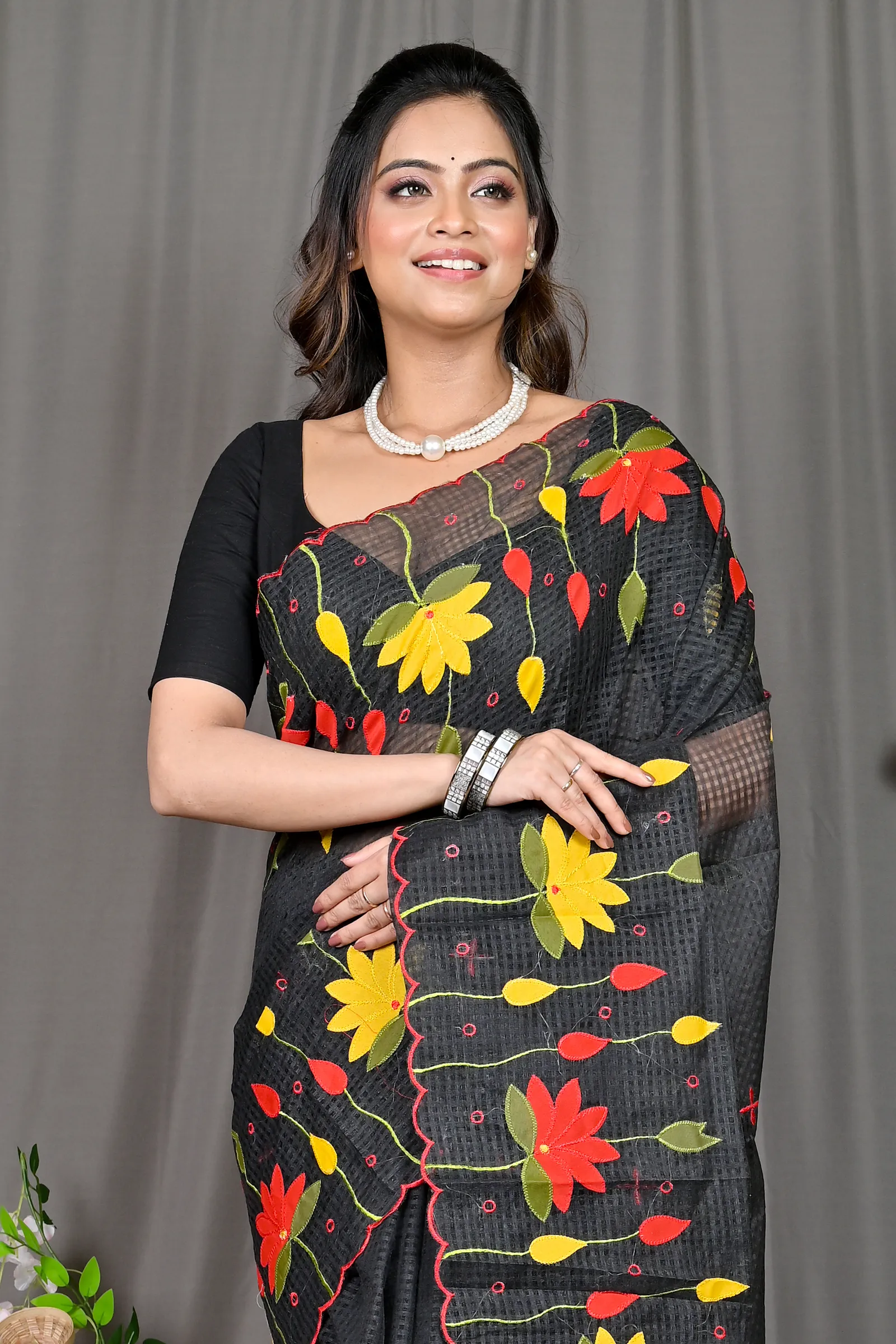 DipDiya Kota Cotton Black Parva The Bengali Classic Kota Applique Sarees