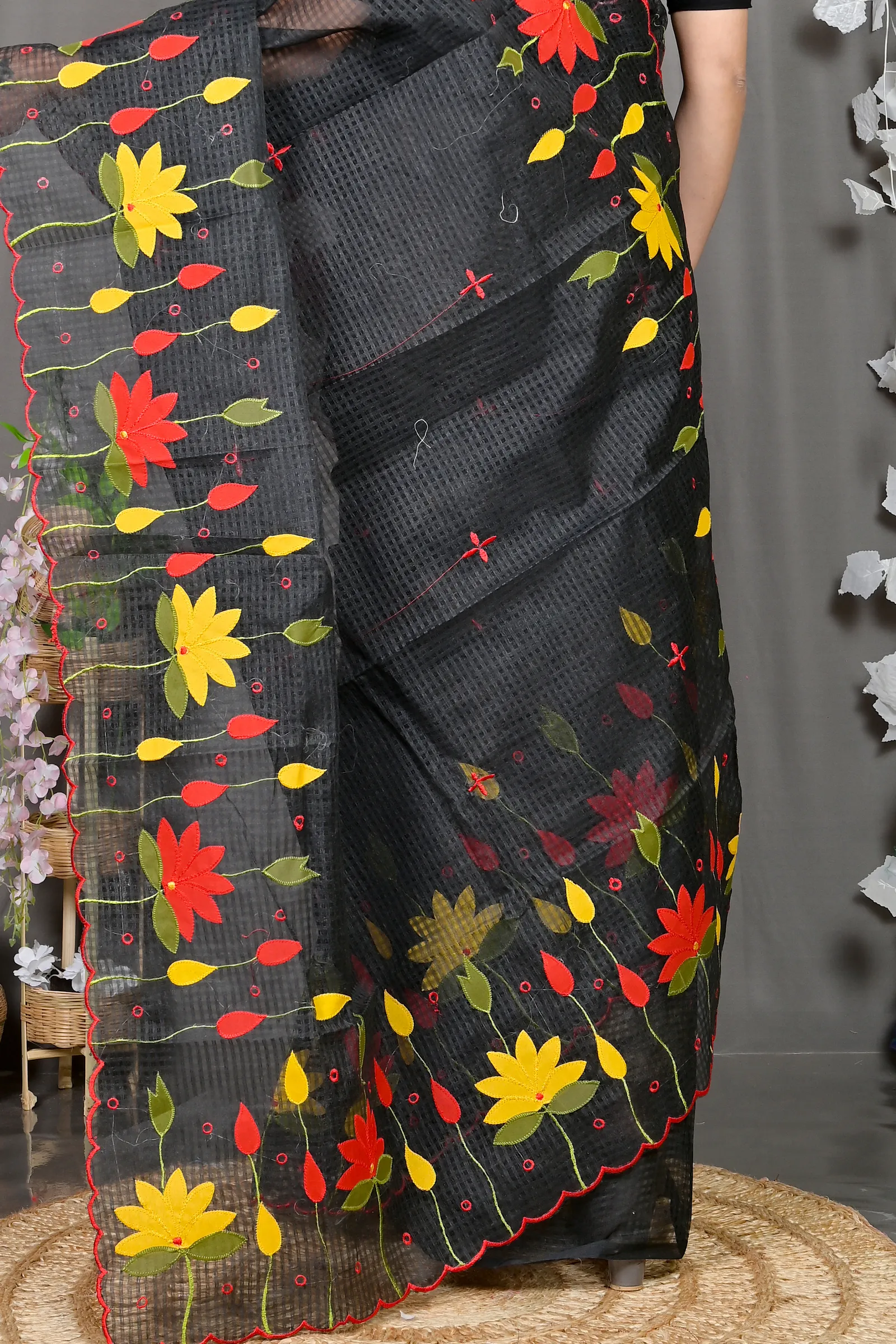 DipDiya Kota Cotton Black Parva The Bengali Classic Kota Applique Sarees