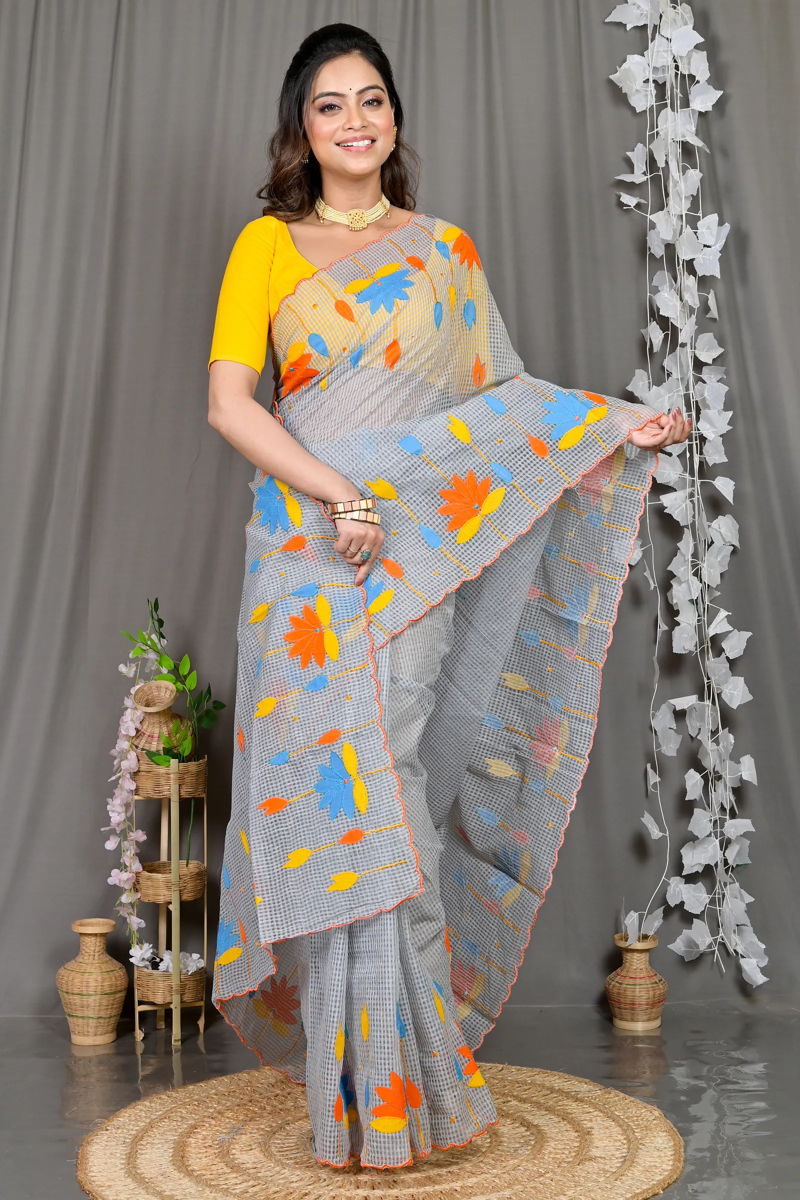 DipDiya Kota Cotton Grey Parva Threads of Tradition Kota Applique Sarees