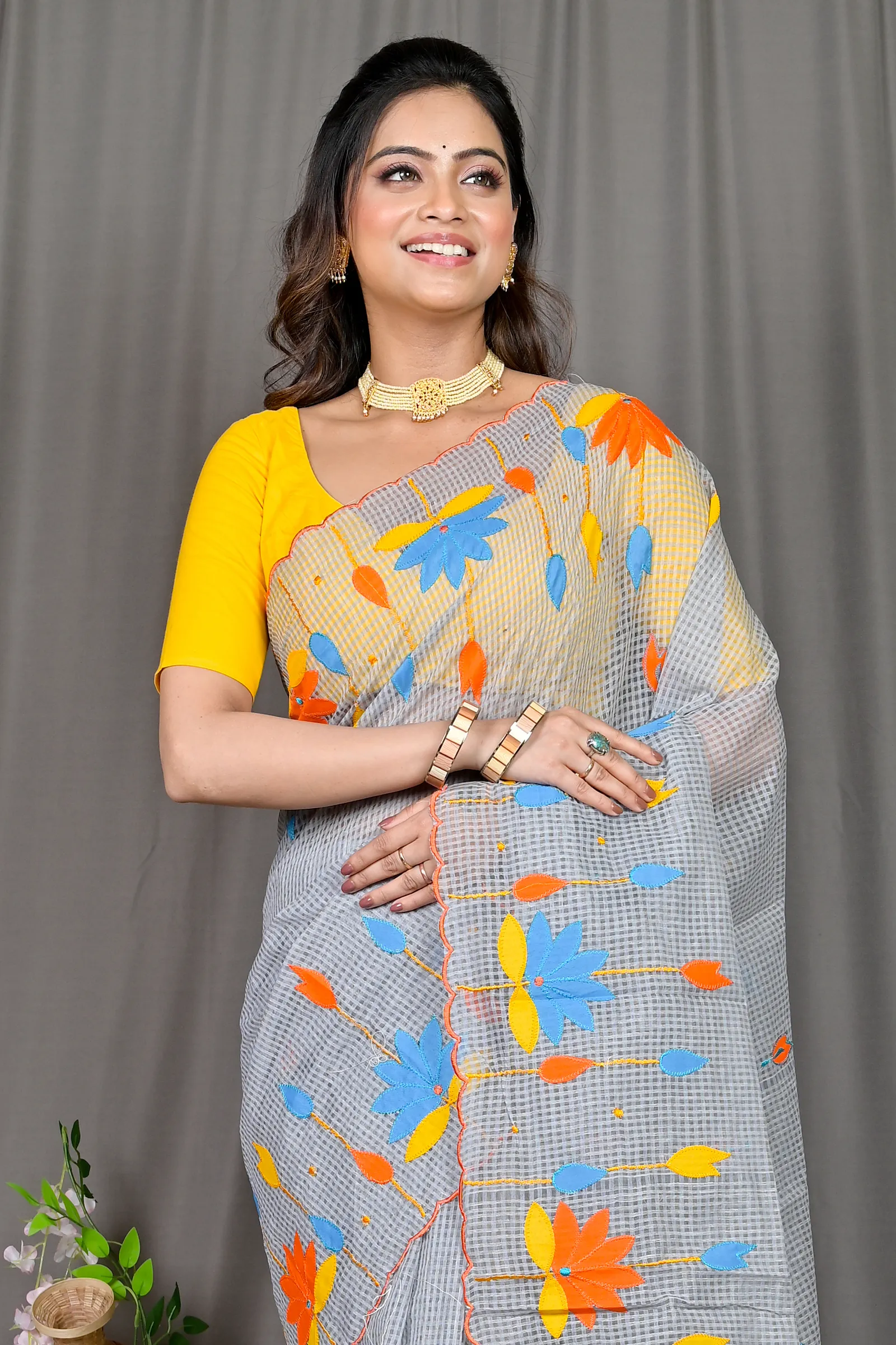 DipDiya Kota Cotton Grey Parva Threads of Tradition Kota Applique Sarees