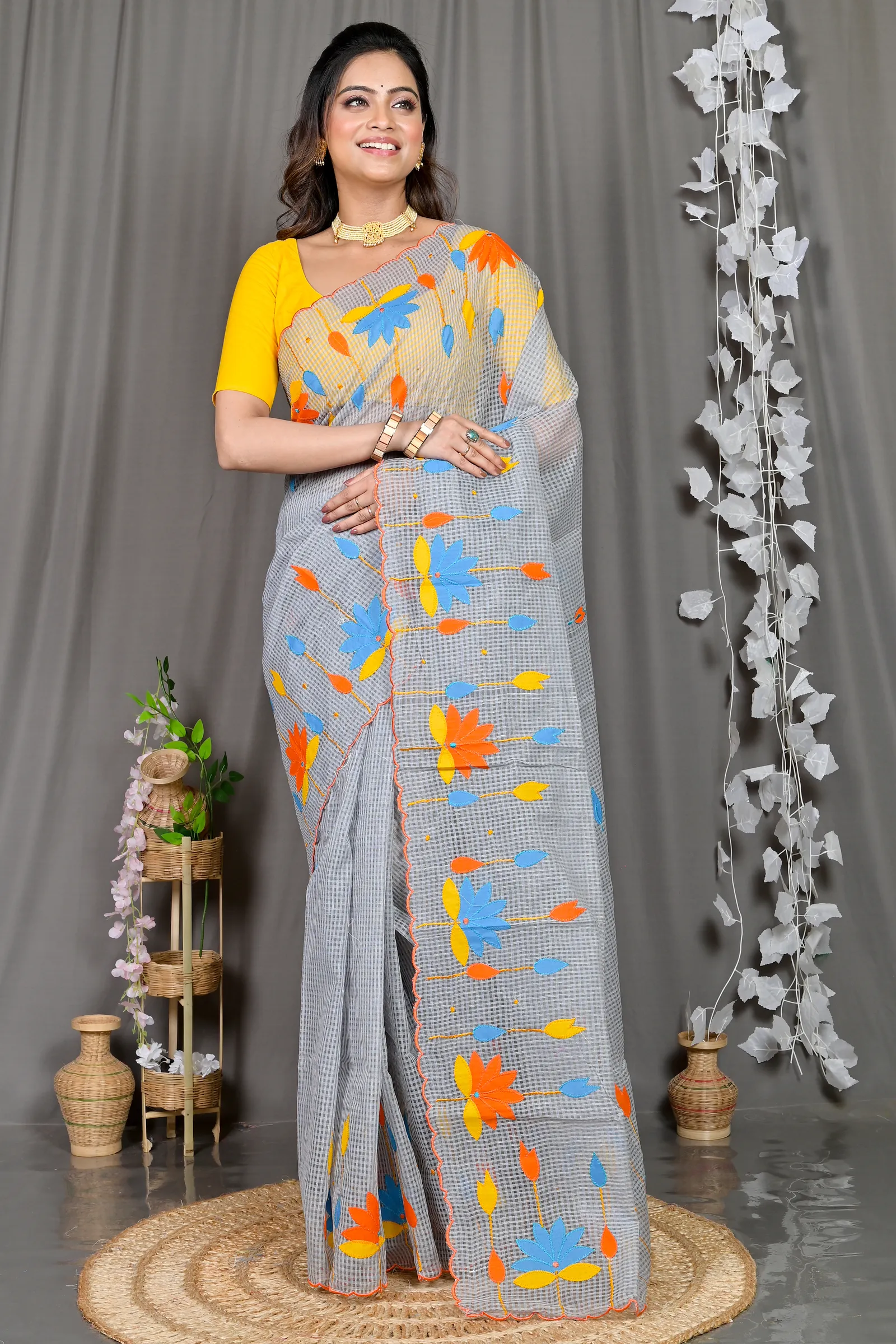 DipDiya Kota Cotton Grey Parva Threads of Tradition Kota Applique Sarees
