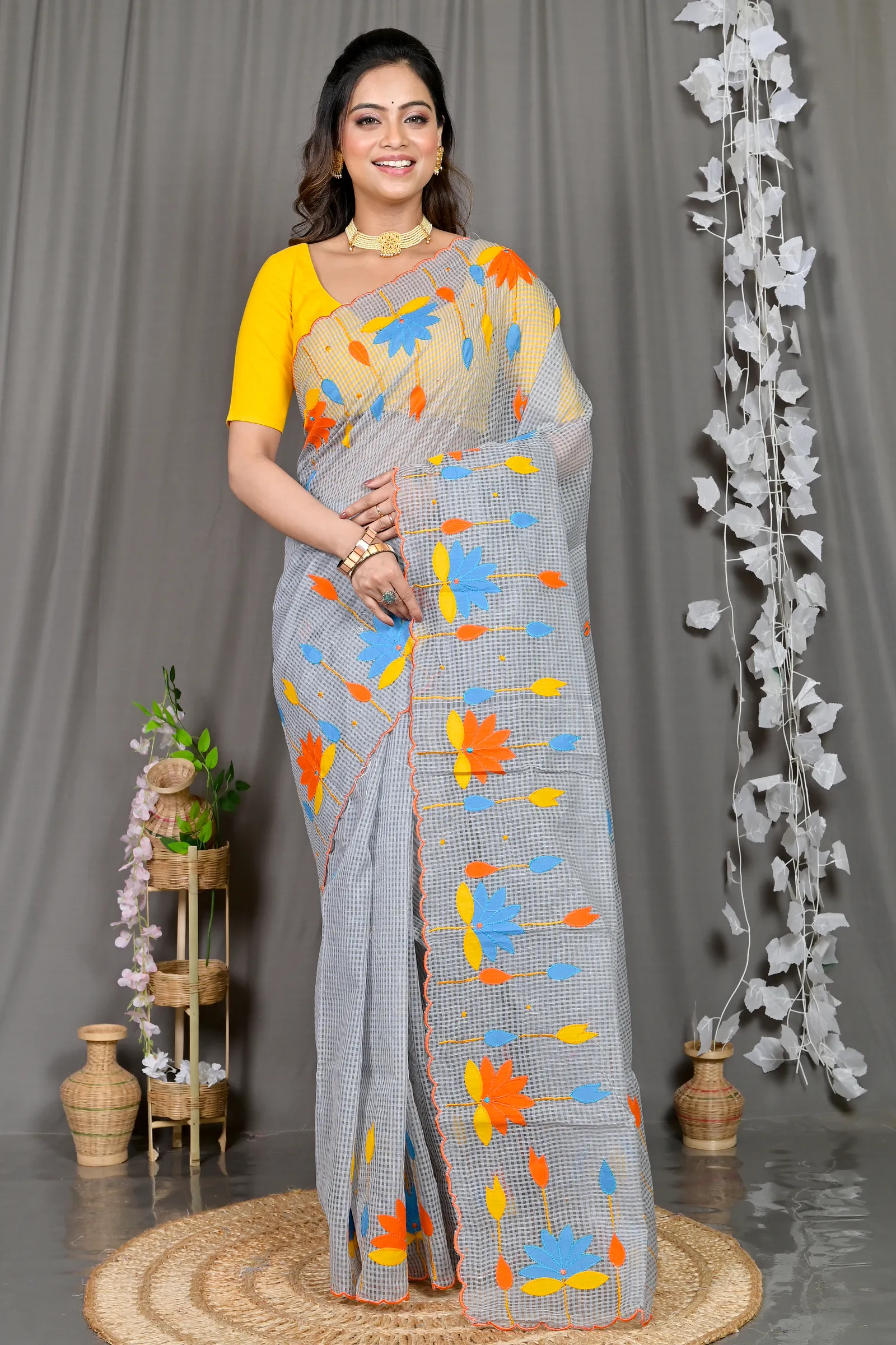 DipDiya Kota Cotton Grey Parva Threads of Tradition Kota Applique Sarees