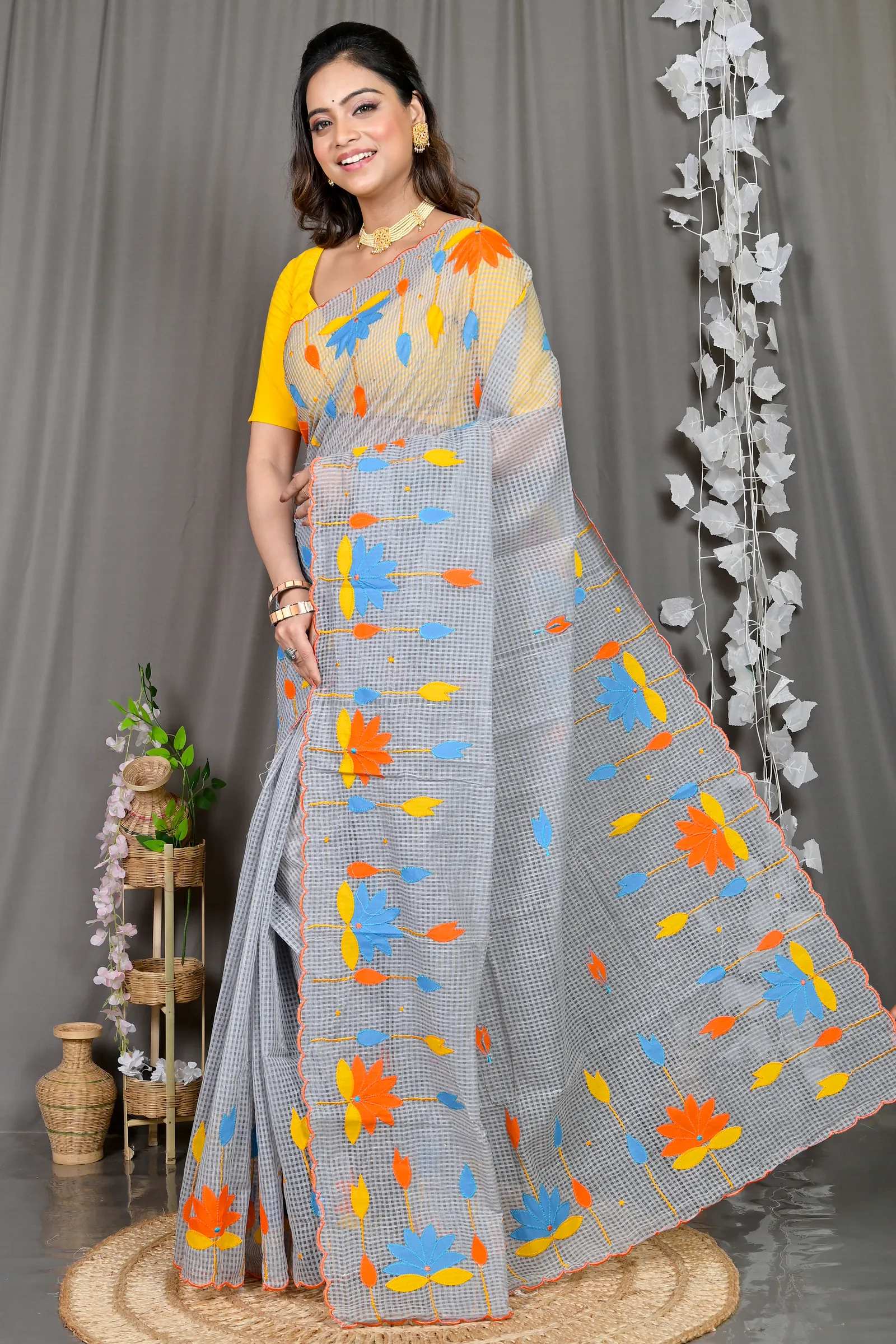 DipDiya Kota Cotton Grey Parva Threads of Tradition Kota Applique Sarees