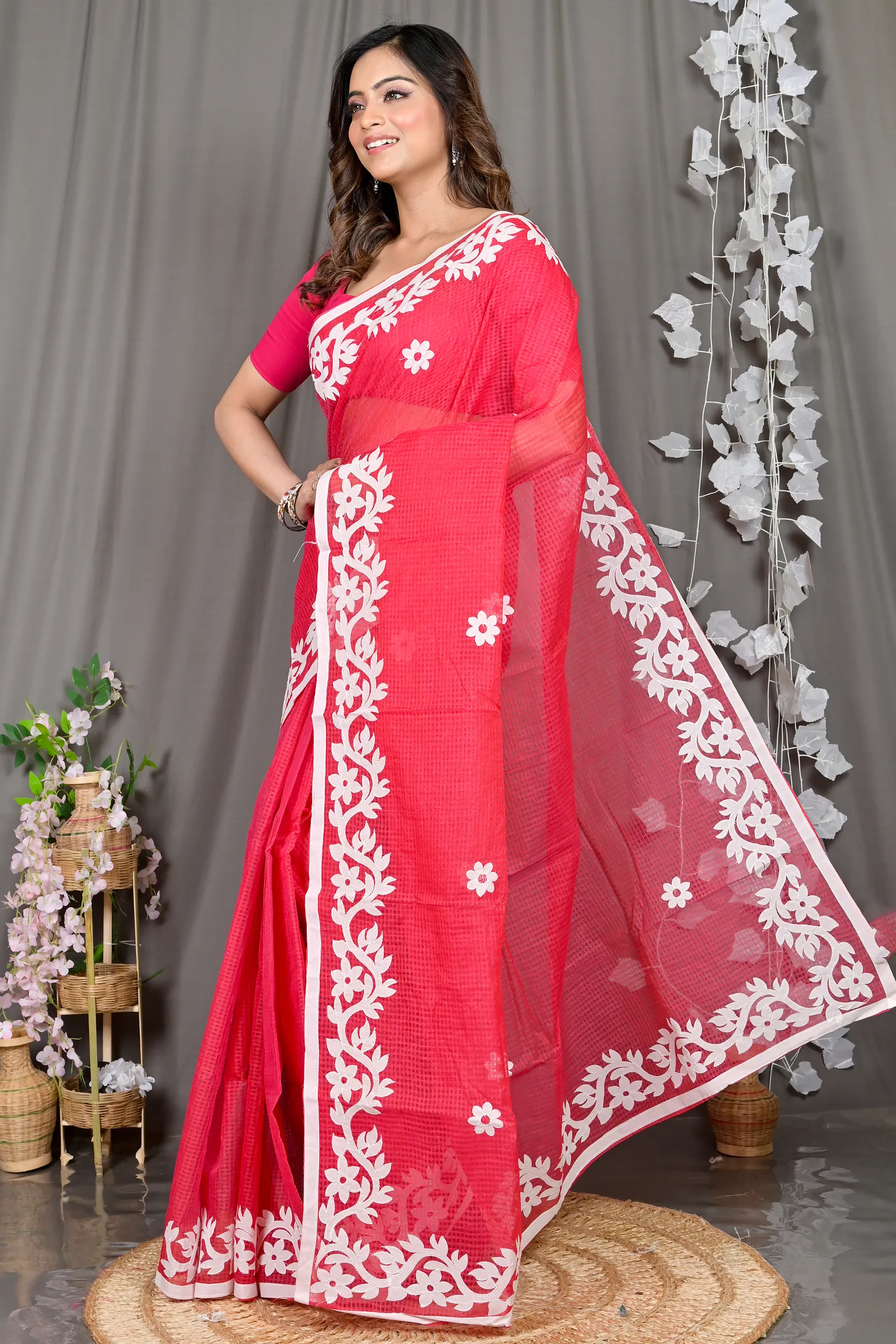 DipDiya Kota Cotton Red Parvani Tradition in Every Thread Kota Applique Sarees
