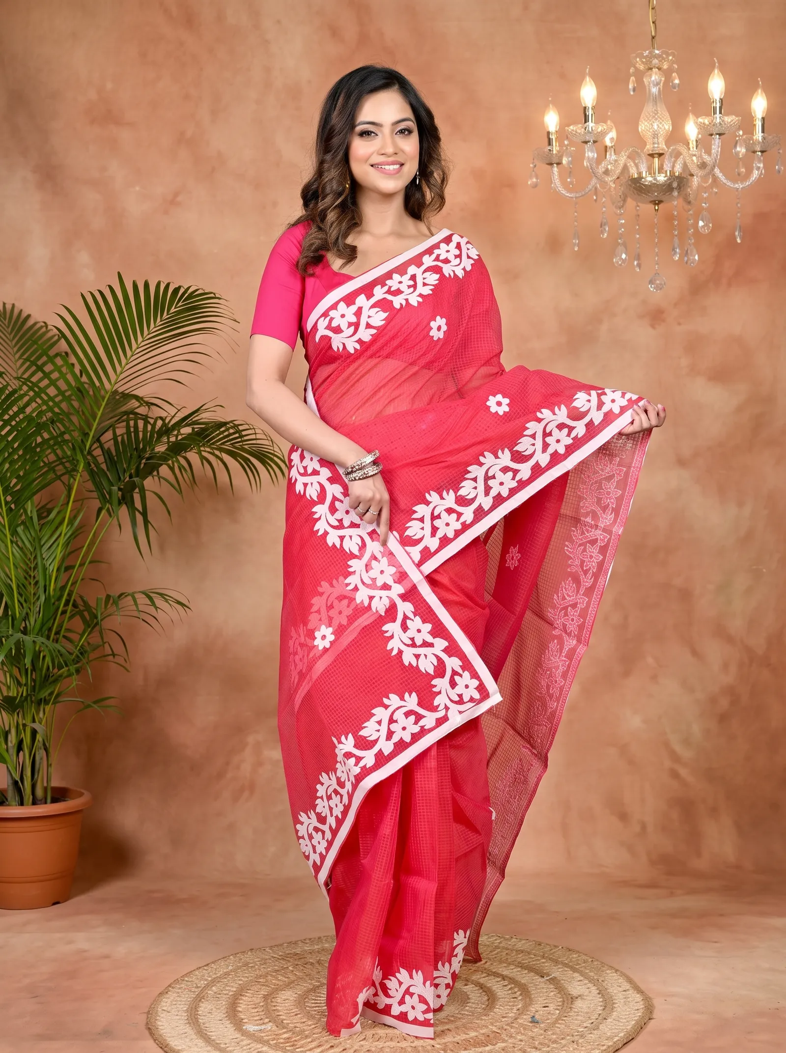 DipDiya Kota Cotton Red Parvani Tradition in Every Thread Kota Applique Sarees