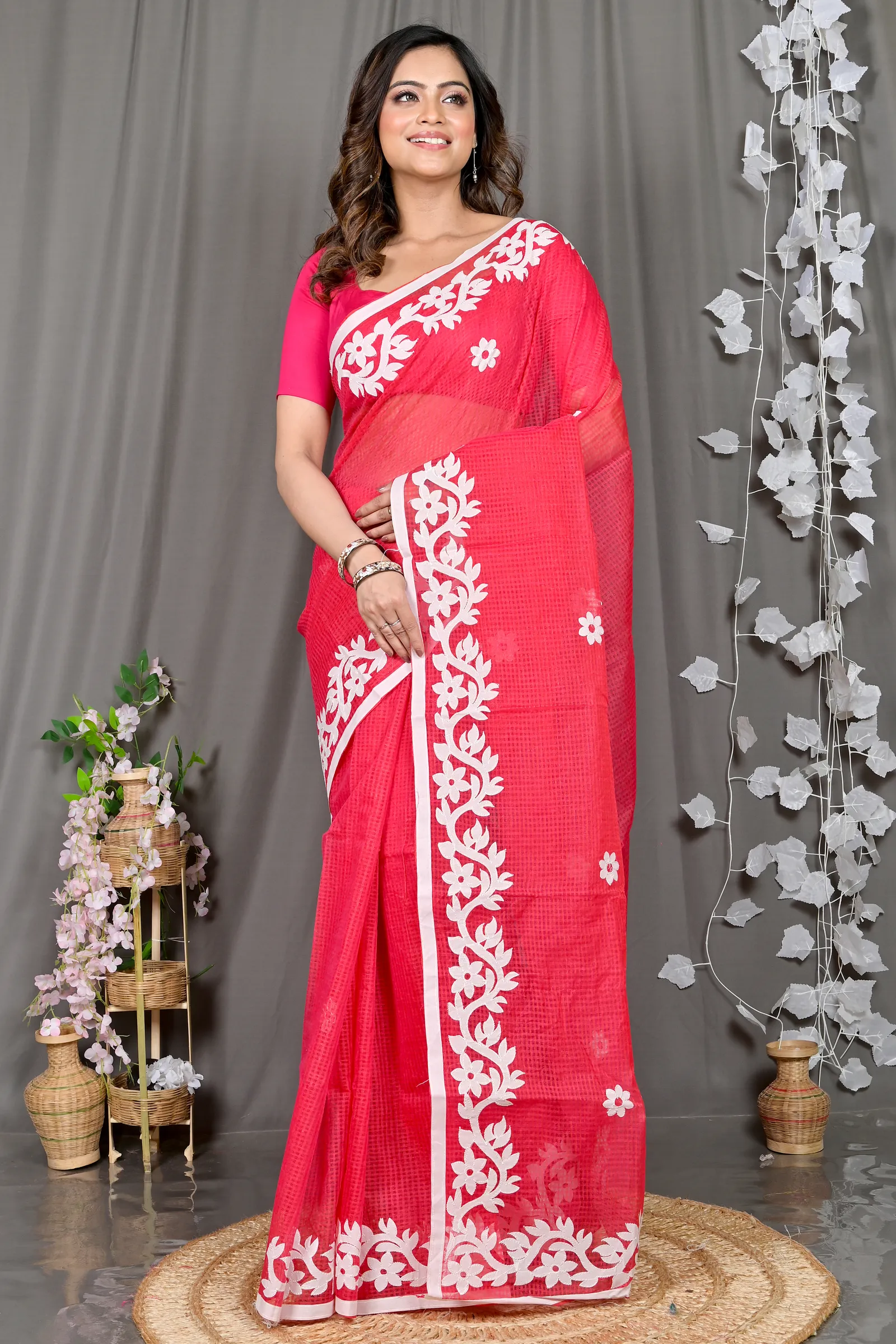 DipDiya Kota Cotton Red Parvani Tradition in Every Thread Kota Applique Sarees