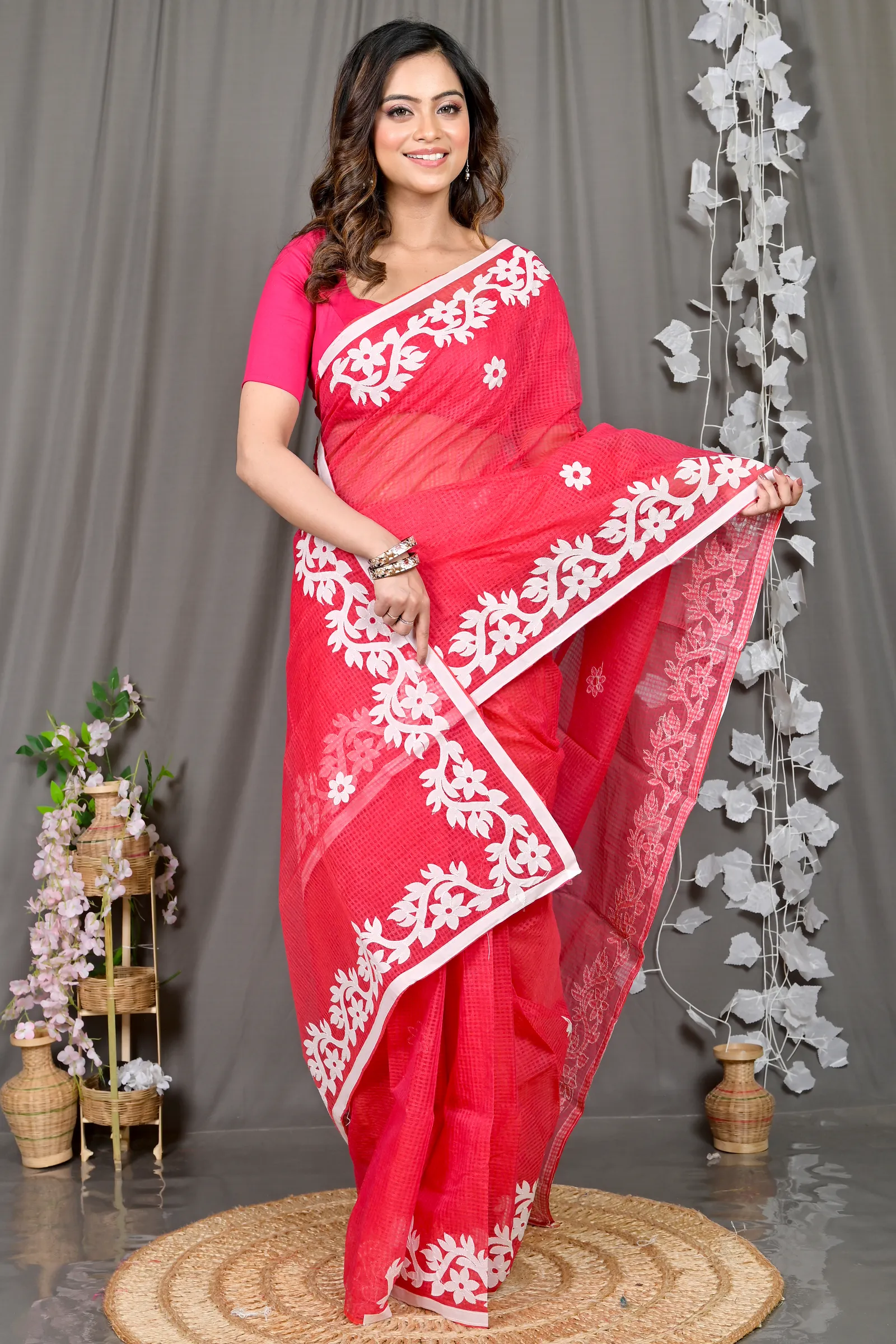 DipDiya Kota Cotton Red Parvani Tradition in Every Thread Kota Applique Sarees