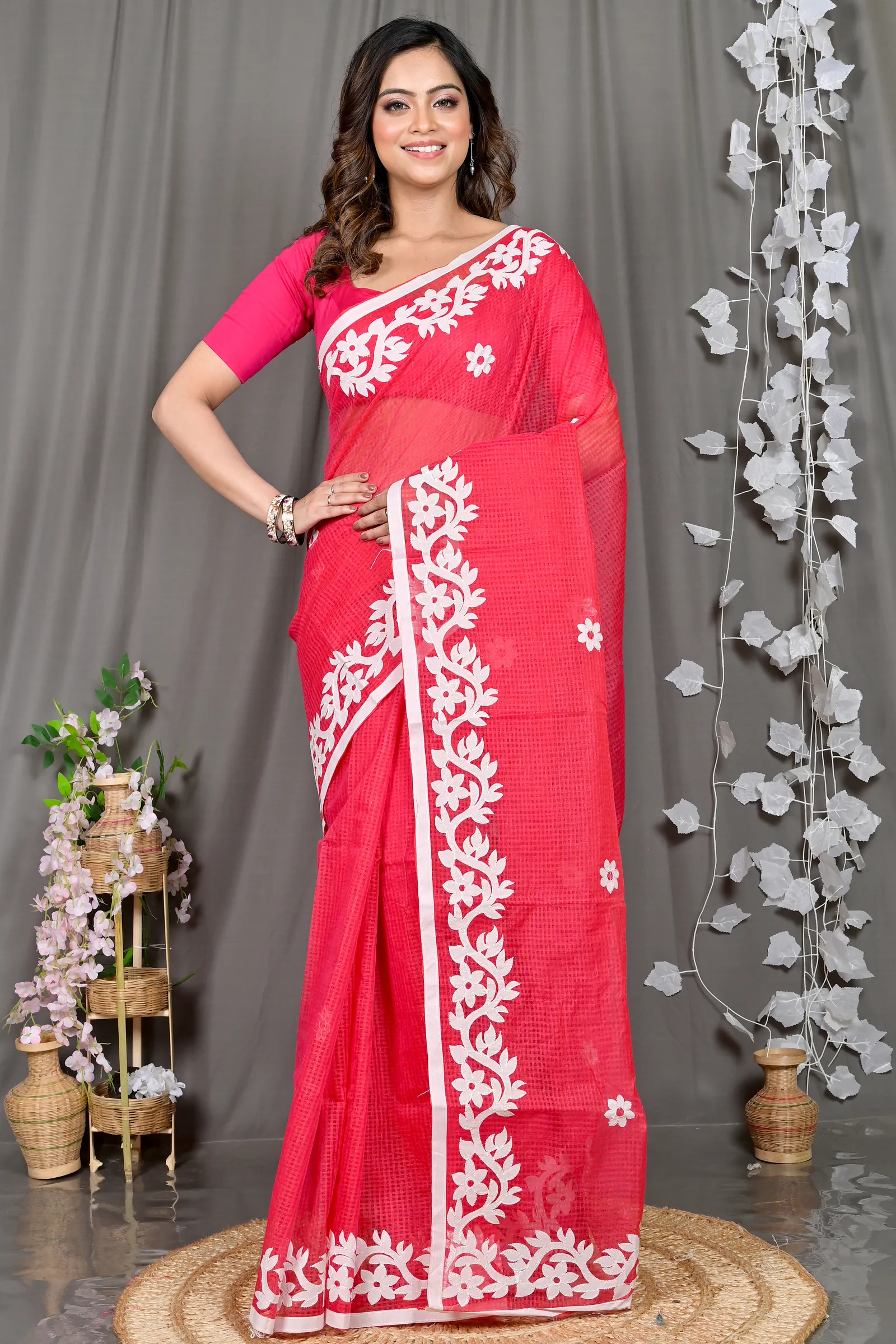 DipDiya Kota Cotton Red Parvani Tradition in Every Thread Kota Applique Sarees