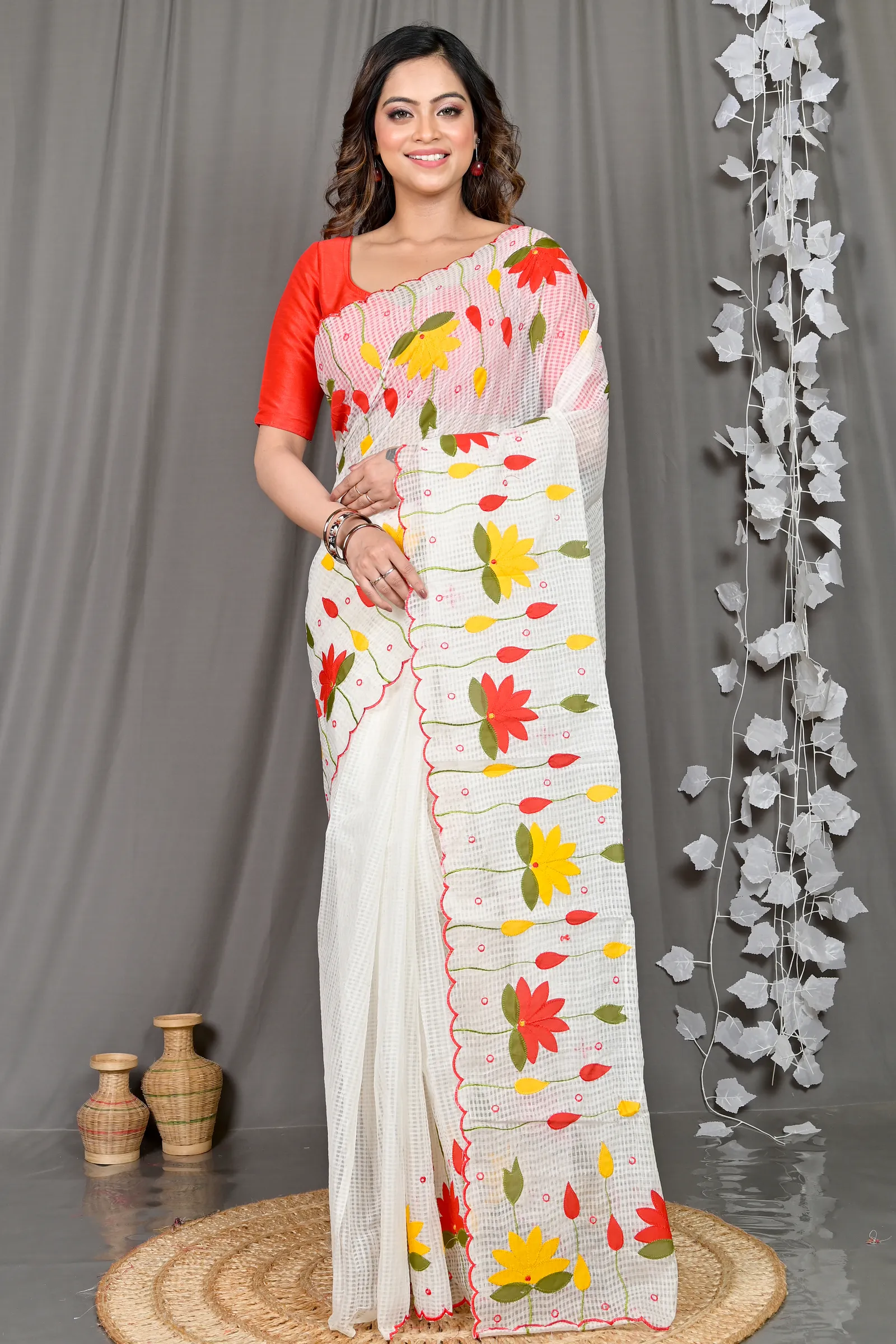 DipDiya Kota Cotton White Parva Regal Bengali Kota Applique Sarees