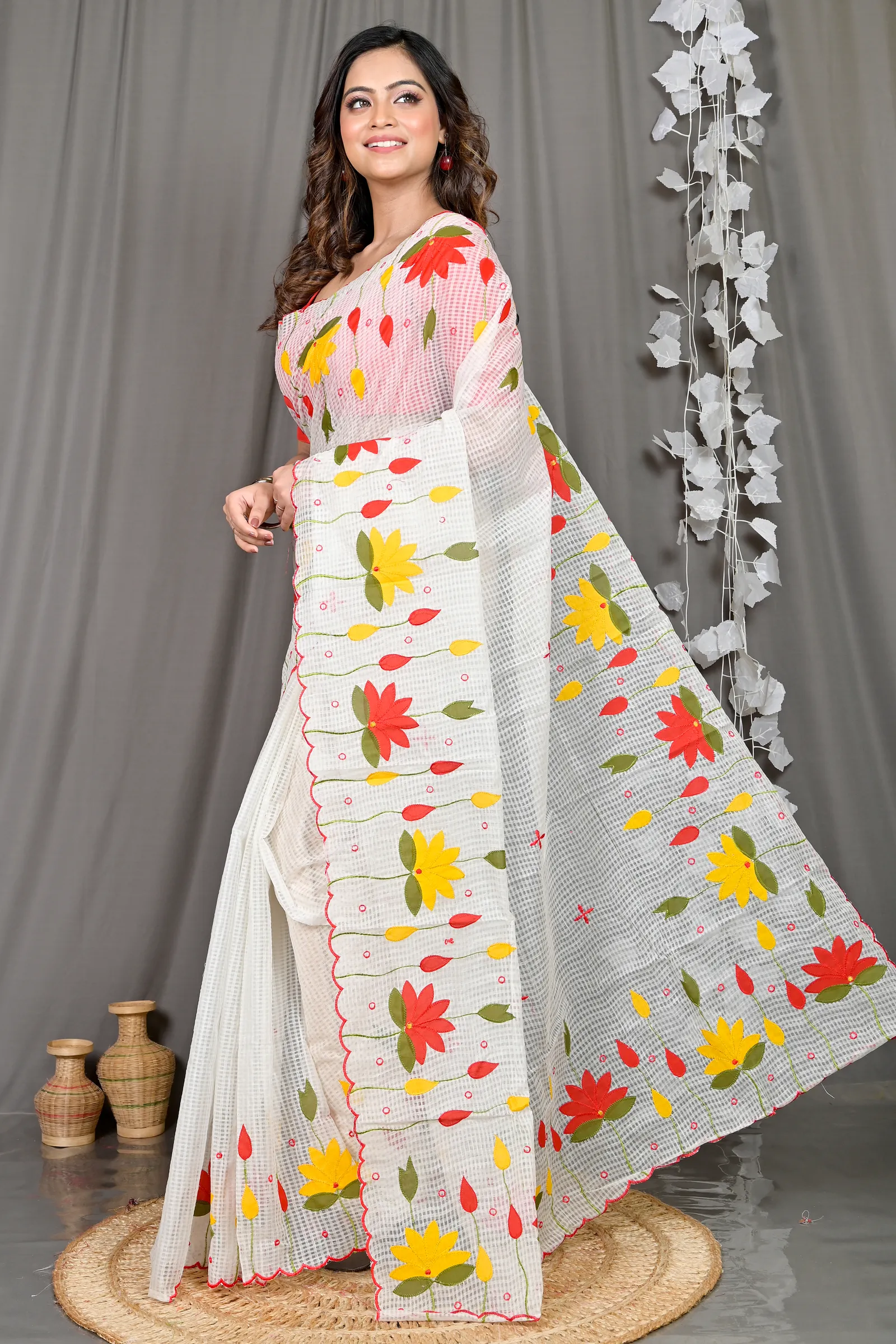 DipDiya Kota Cotton White Parva Regal Bengali Kota Applique Sarees