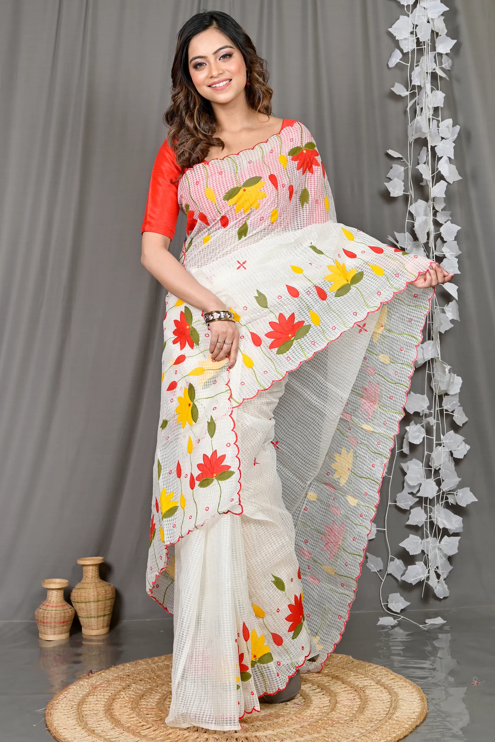 DipDiya Kota Cotton White Parva Regal Bengali Kota Applique Sarees