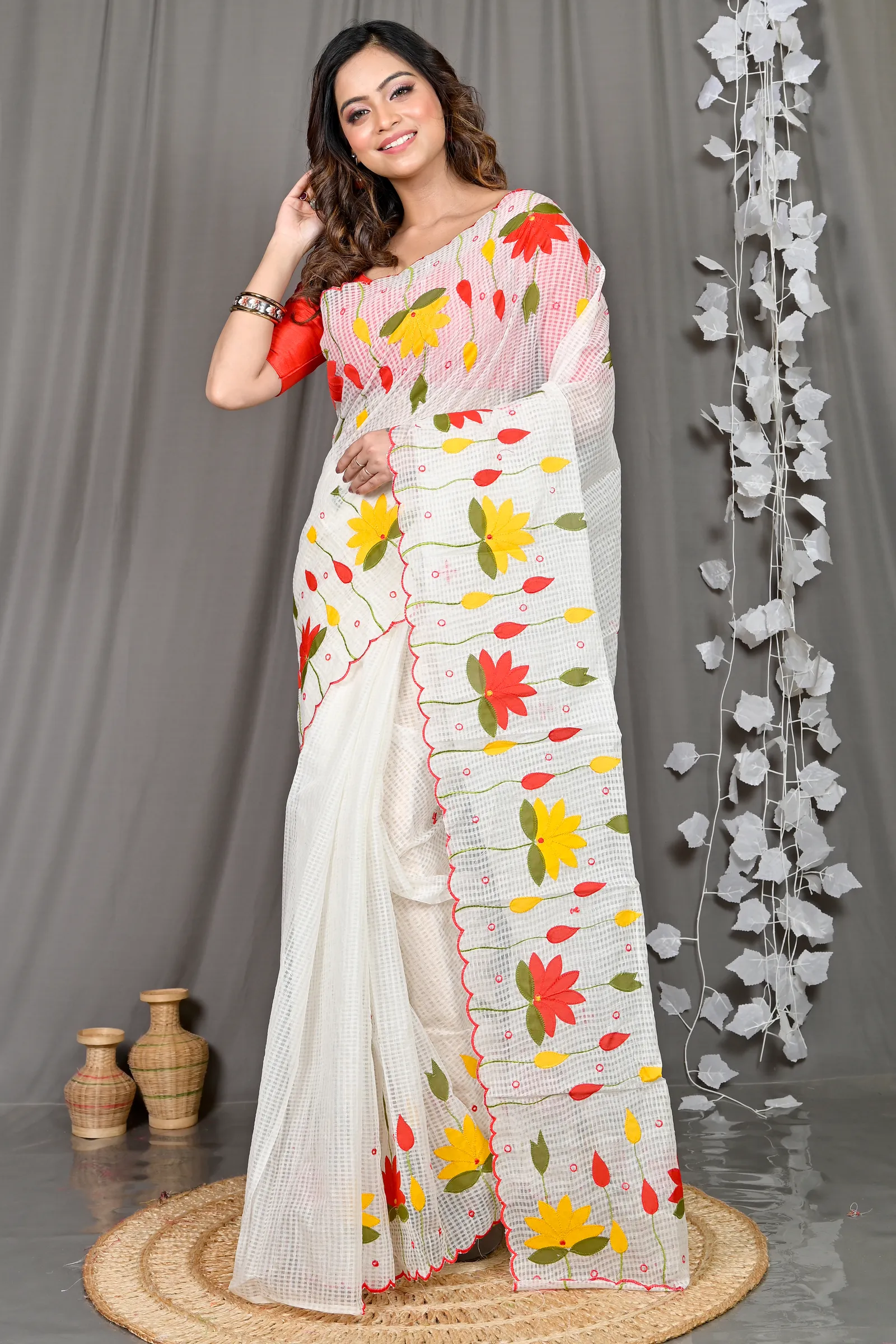 DipDiya Kota Cotton White Parva Regal Bengali Kota Applique Sarees