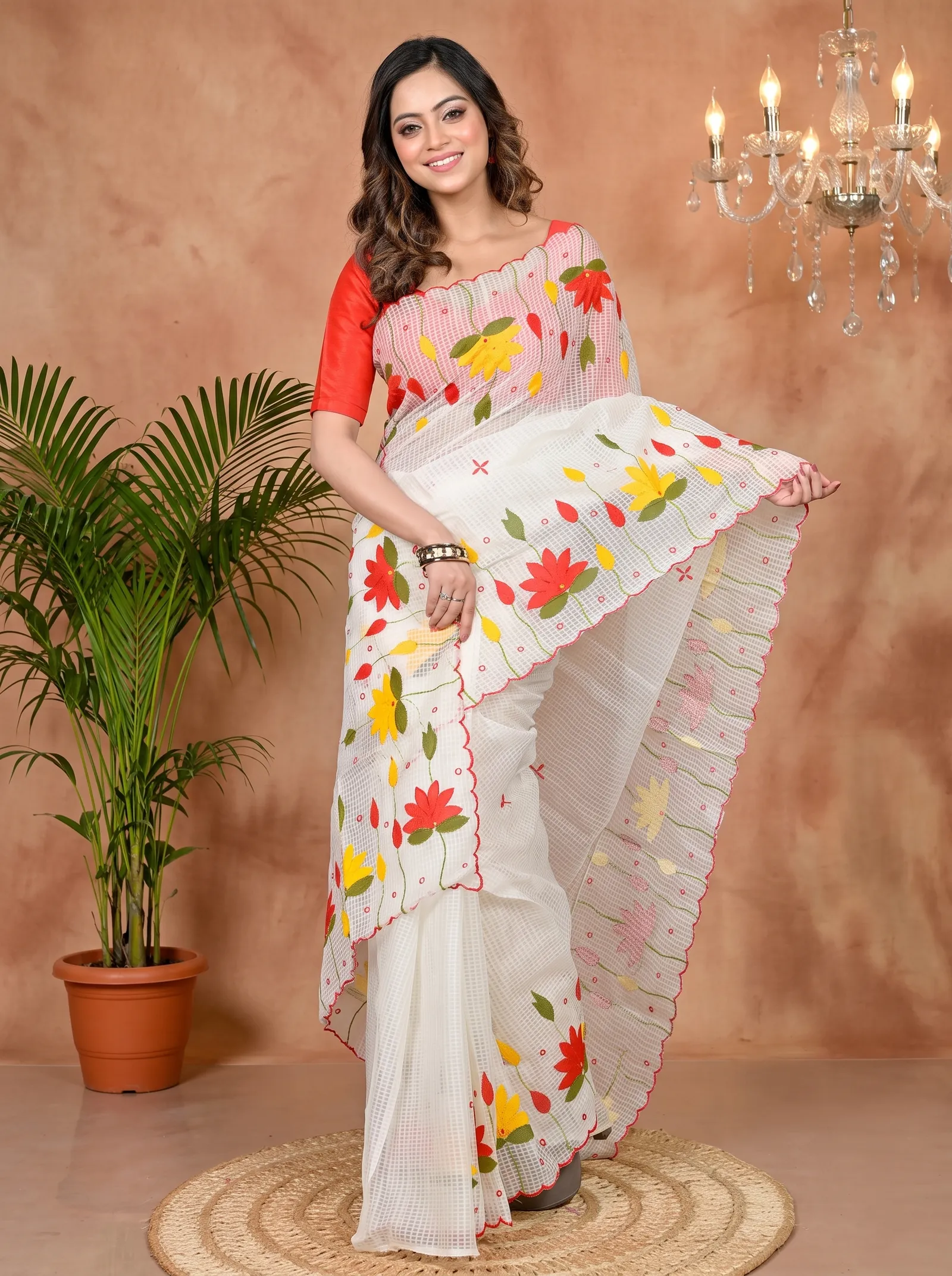 DipDiya Kota Cotton White Parva Regal Bengali Kota Applique Sarees