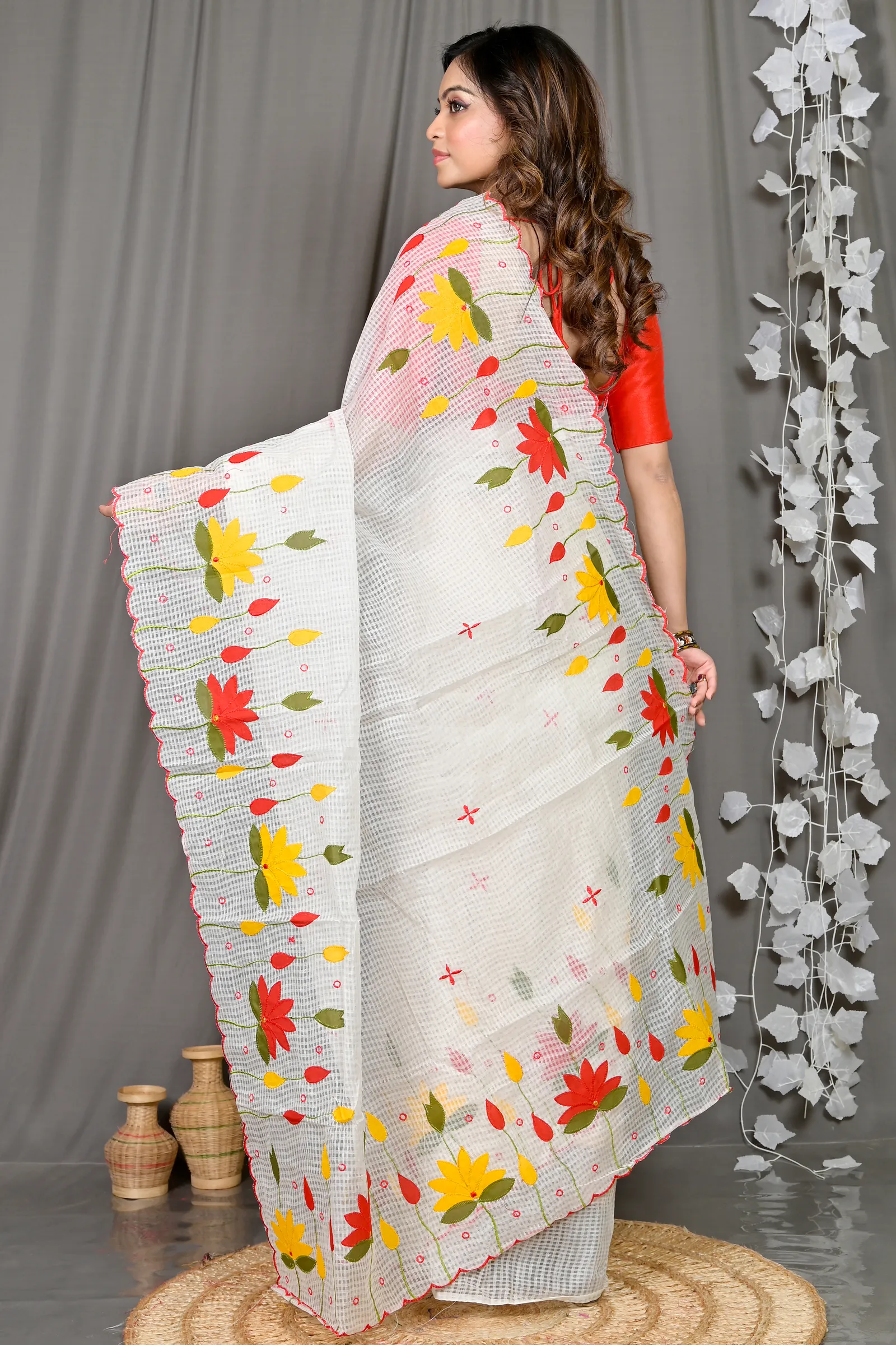 DipDiya Kota Cotton White Parva Regal Bengali Kota Applique Sarees
