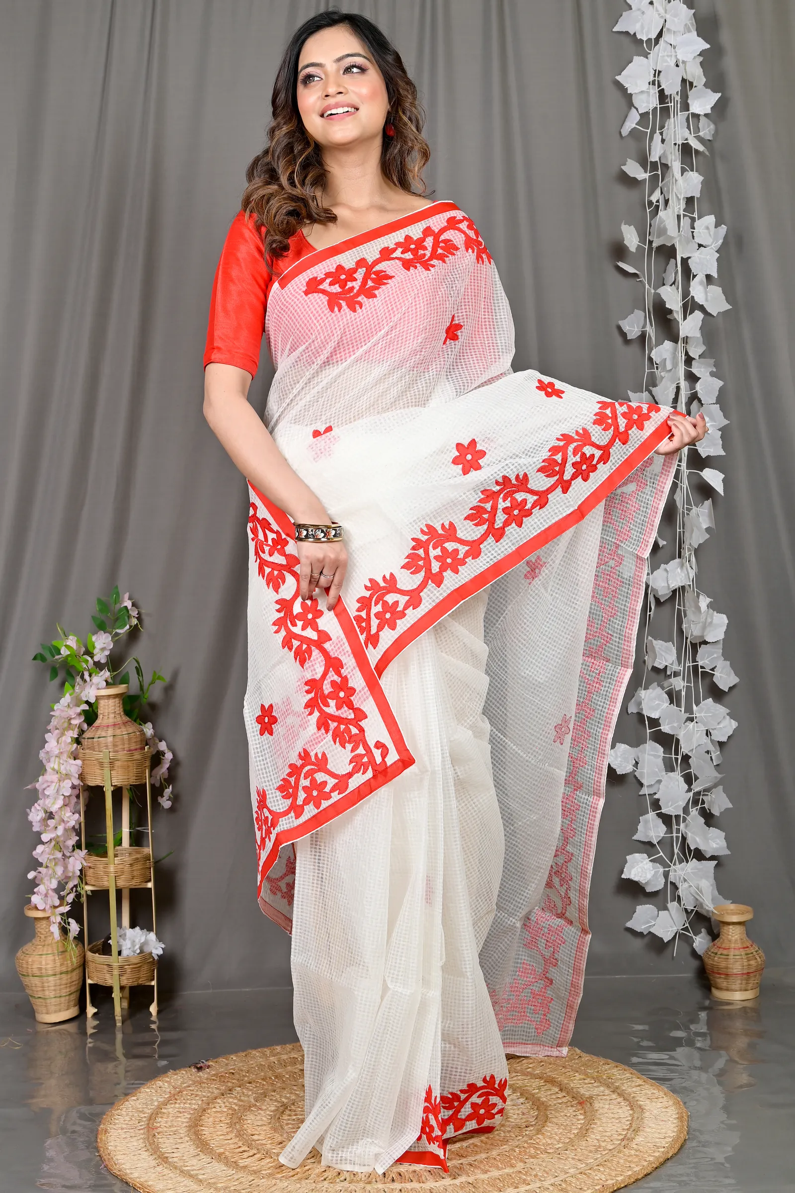 DipDiya Kota Cotton White Red Parvani Timeless Elegance Kota Applique Sarees