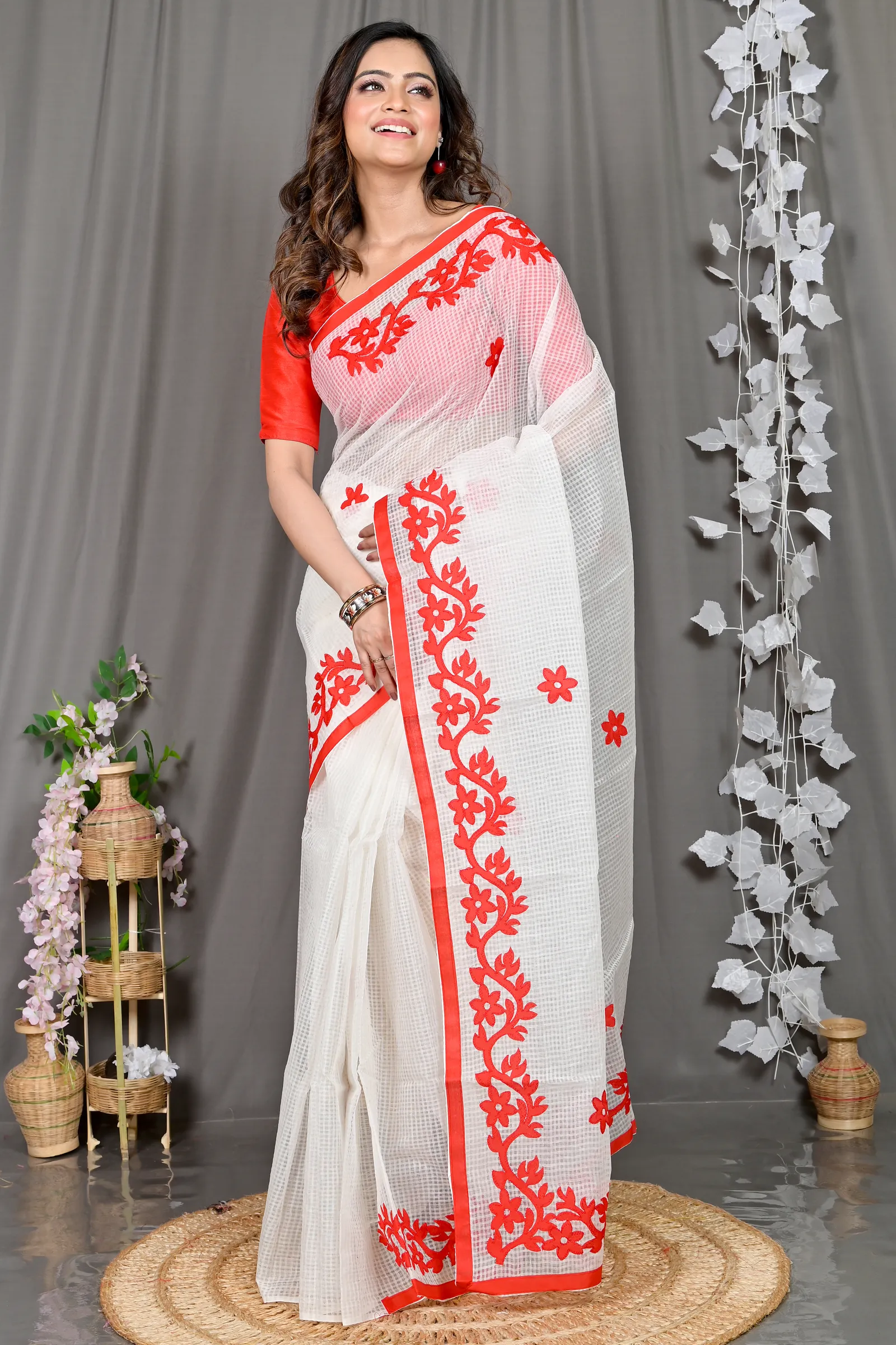 DipDiya Kota Cotton White Red Parvani Timeless Elegance Kota Applique Sarees
