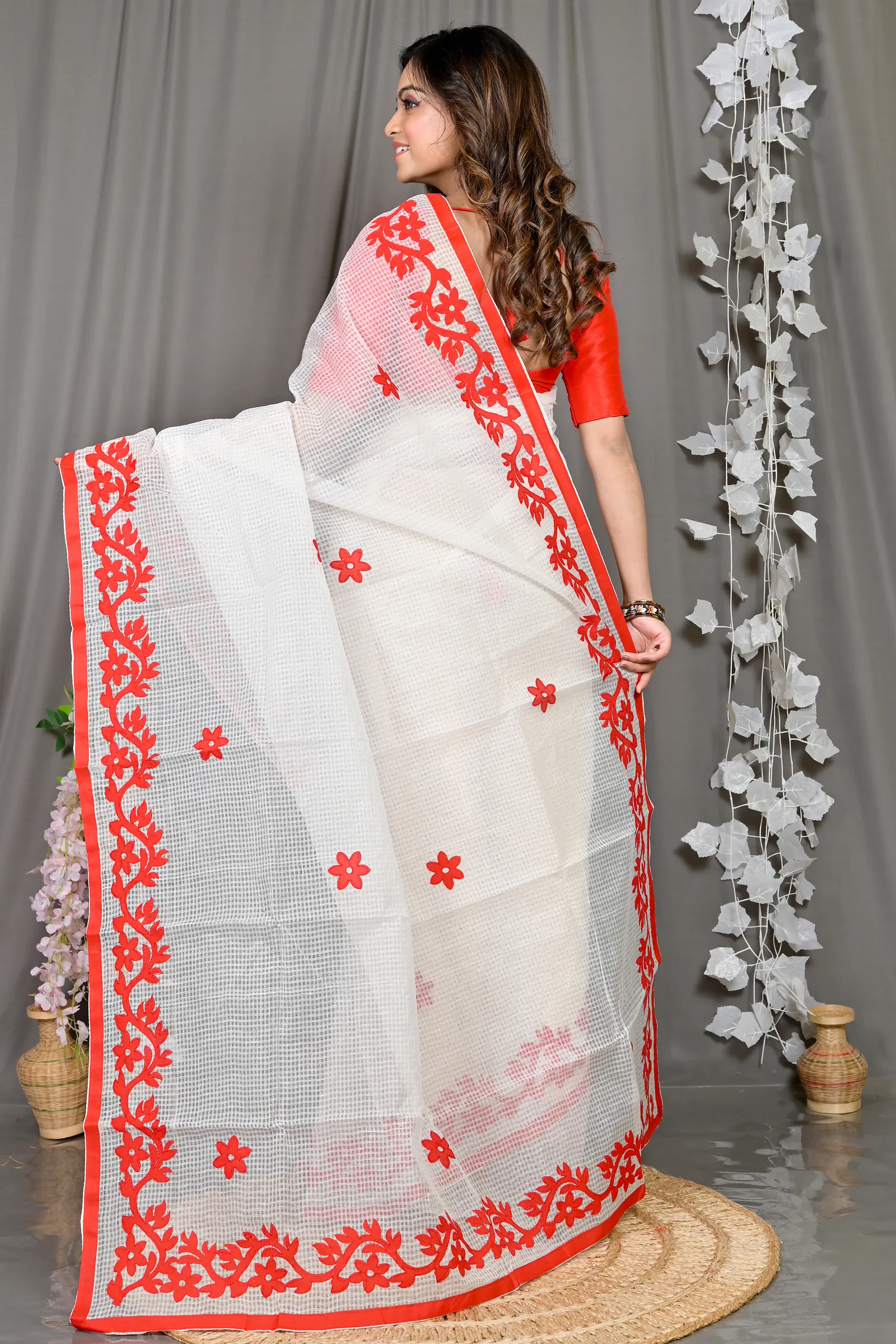 DipDiya Kota Cotton White Red Parvani Timeless Elegance Kota Applique Sarees