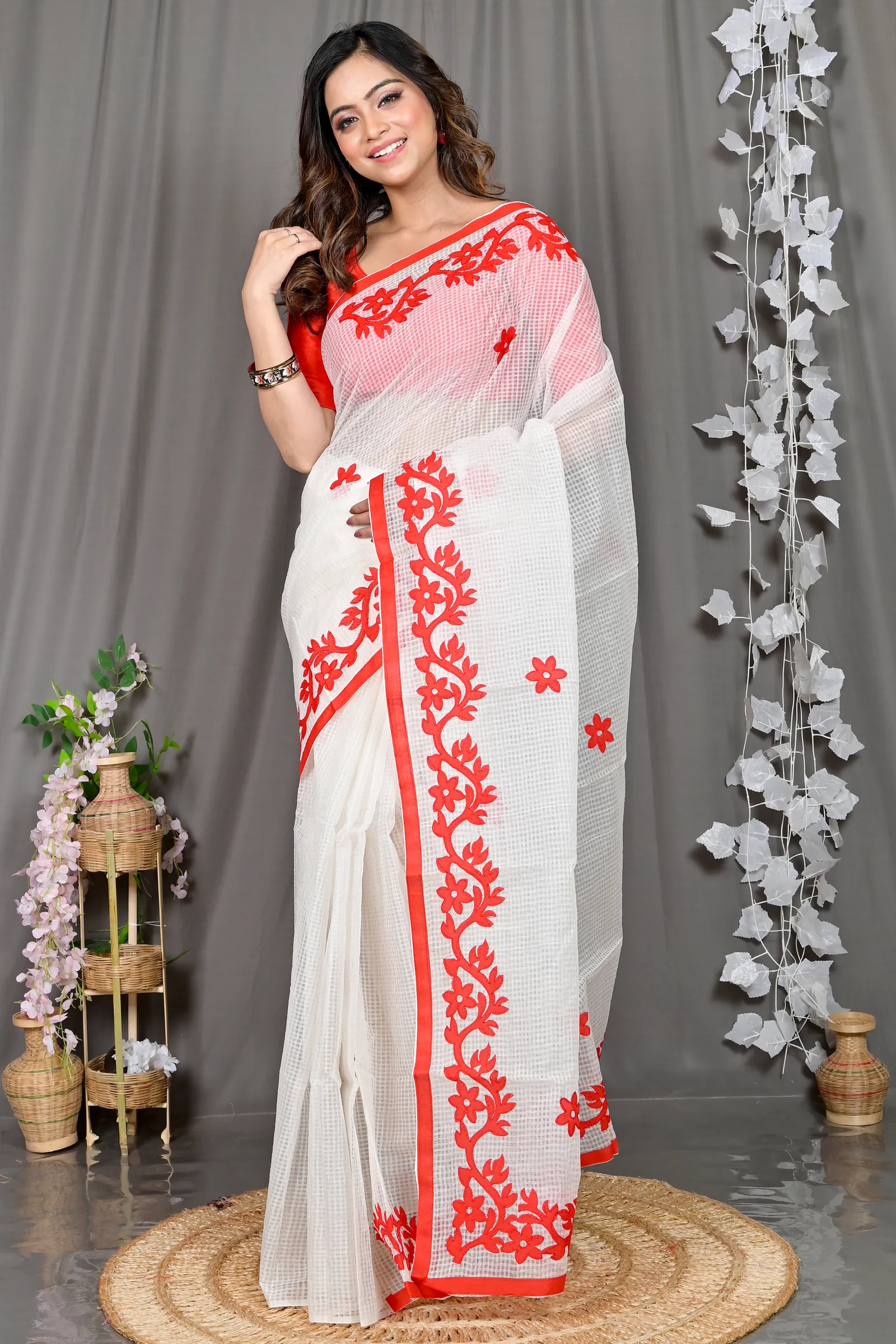 DipDiya Kota Cotton White Red Parvani Timeless Elegance Kota Applique Sarees