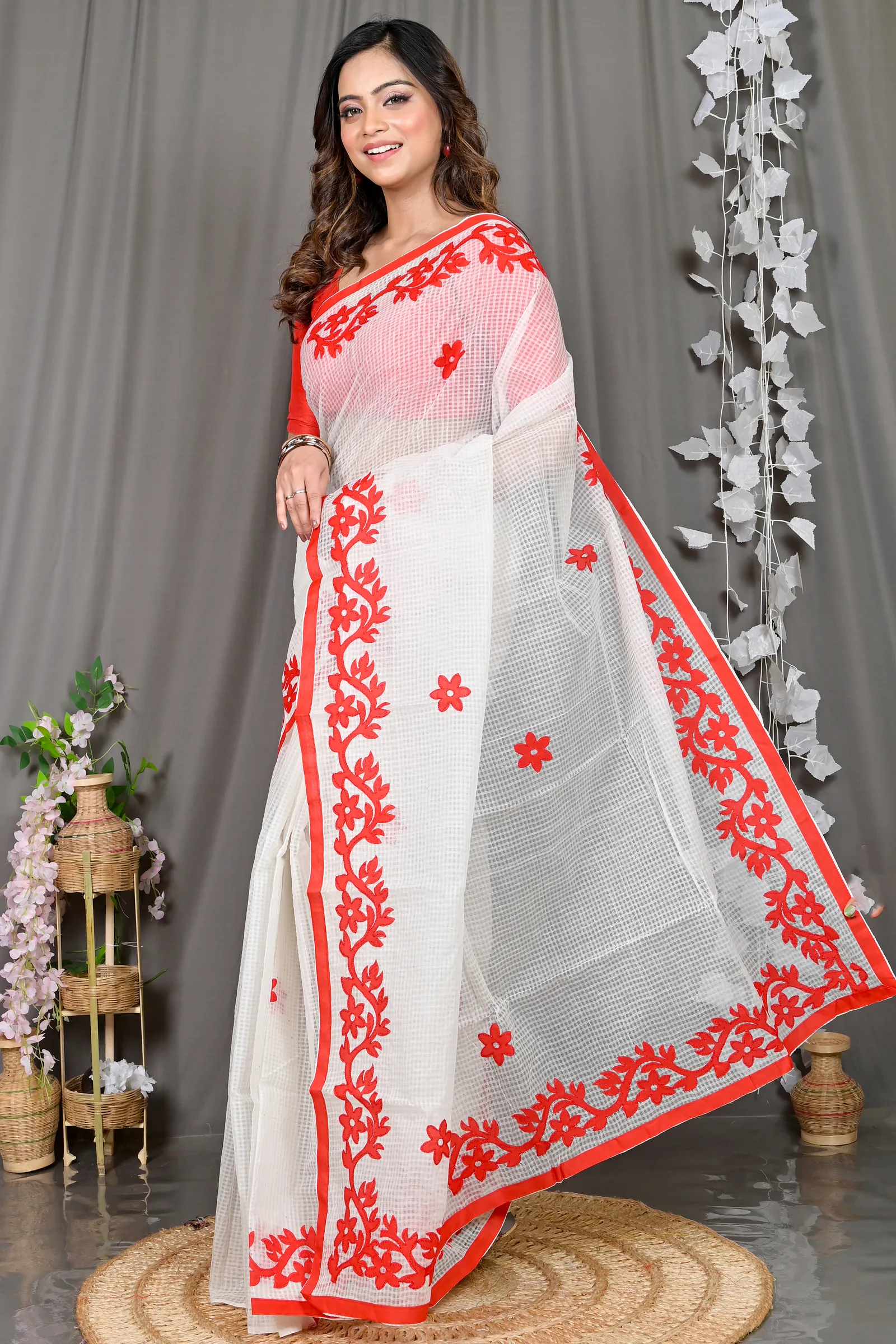 DipDiya Kota Cotton White Red Parvani Timeless Elegance Kota Applique Sarees