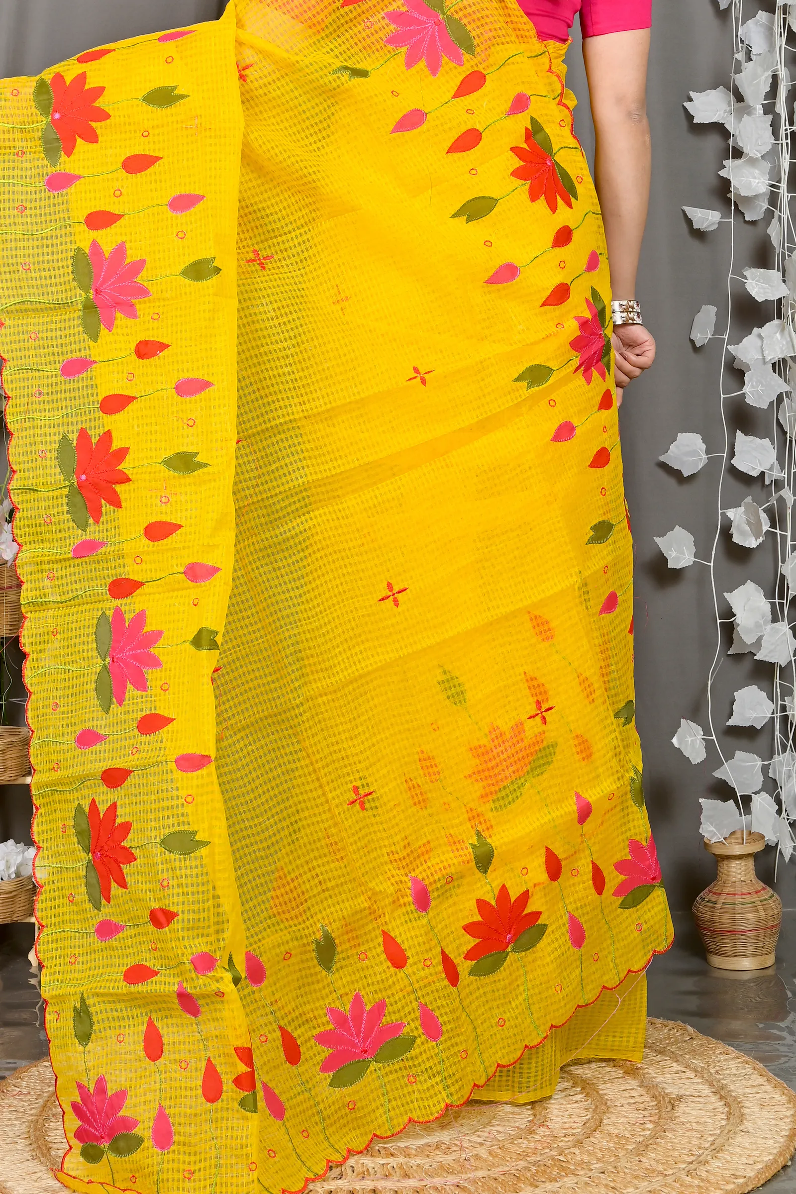 DipDiya Kota Cotton Yellow Parva Stories of Bengal Kota Applique Sarees