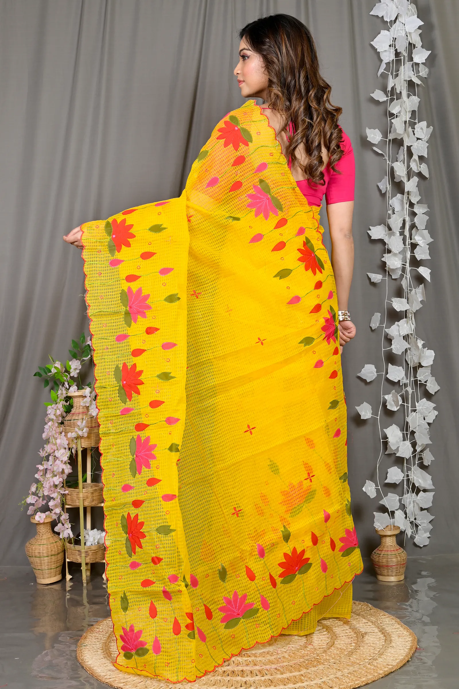 DipDiya Kota Cotton Yellow Parva Stories of Bengal Kota Applique Sarees