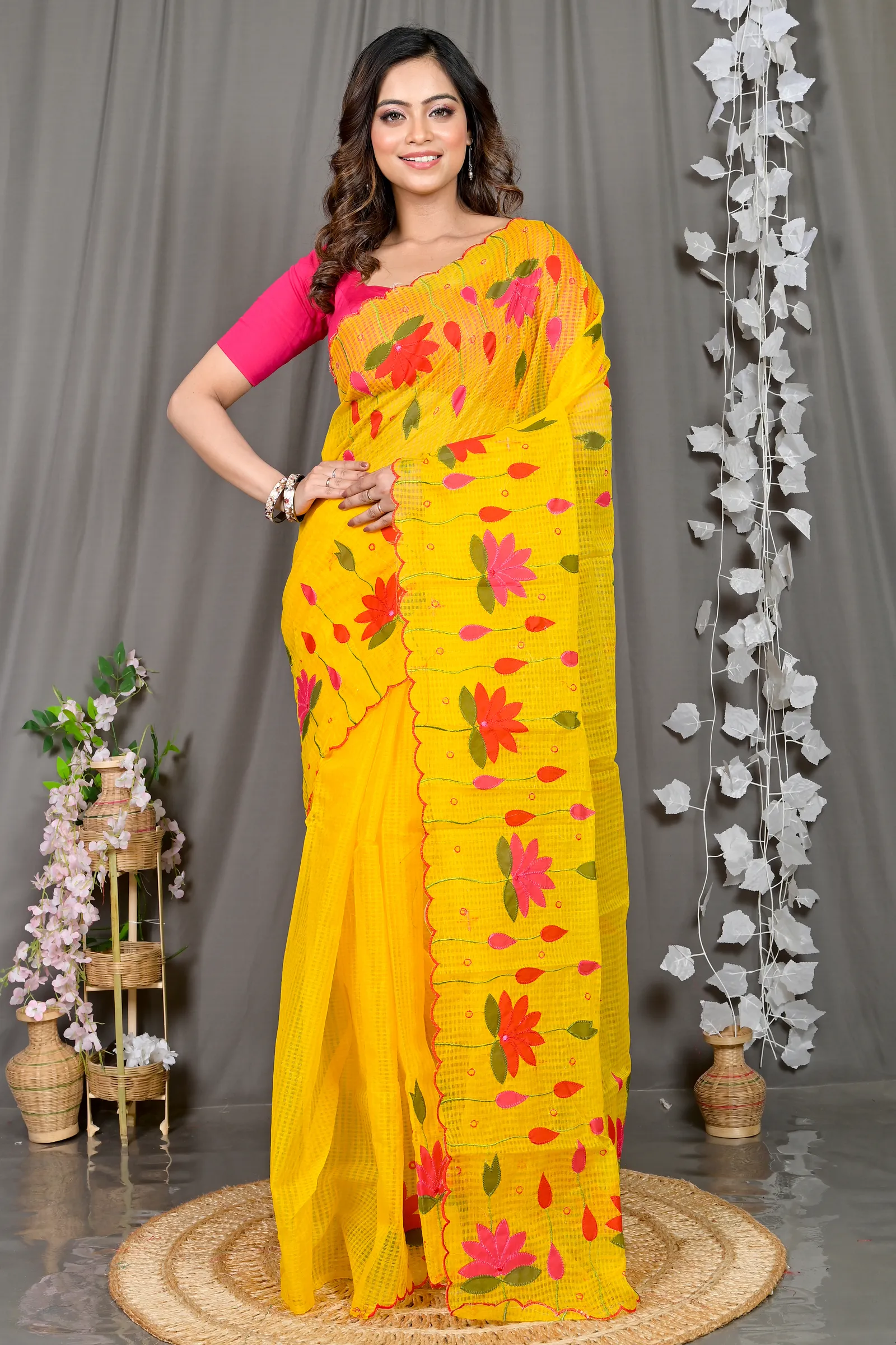 DipDiya Kota Cotton Yellow Parva Stories of Bengal Kota Applique Sarees