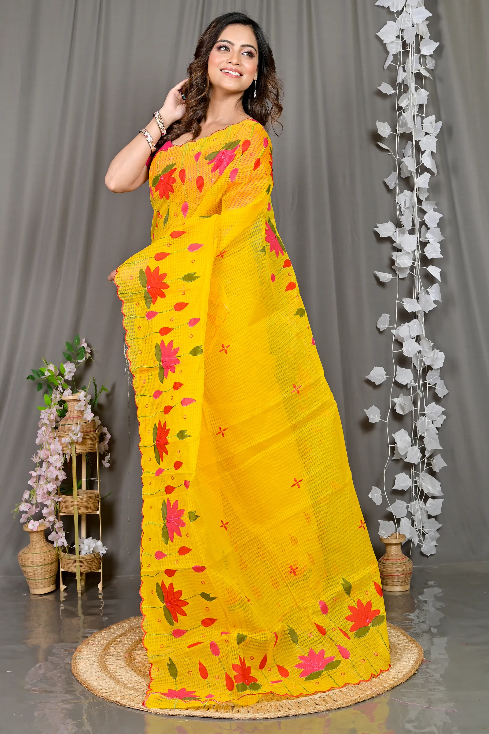 DipDiya Kota Cotton Yellow Parva Stories of Bengal Kota Applique Sarees