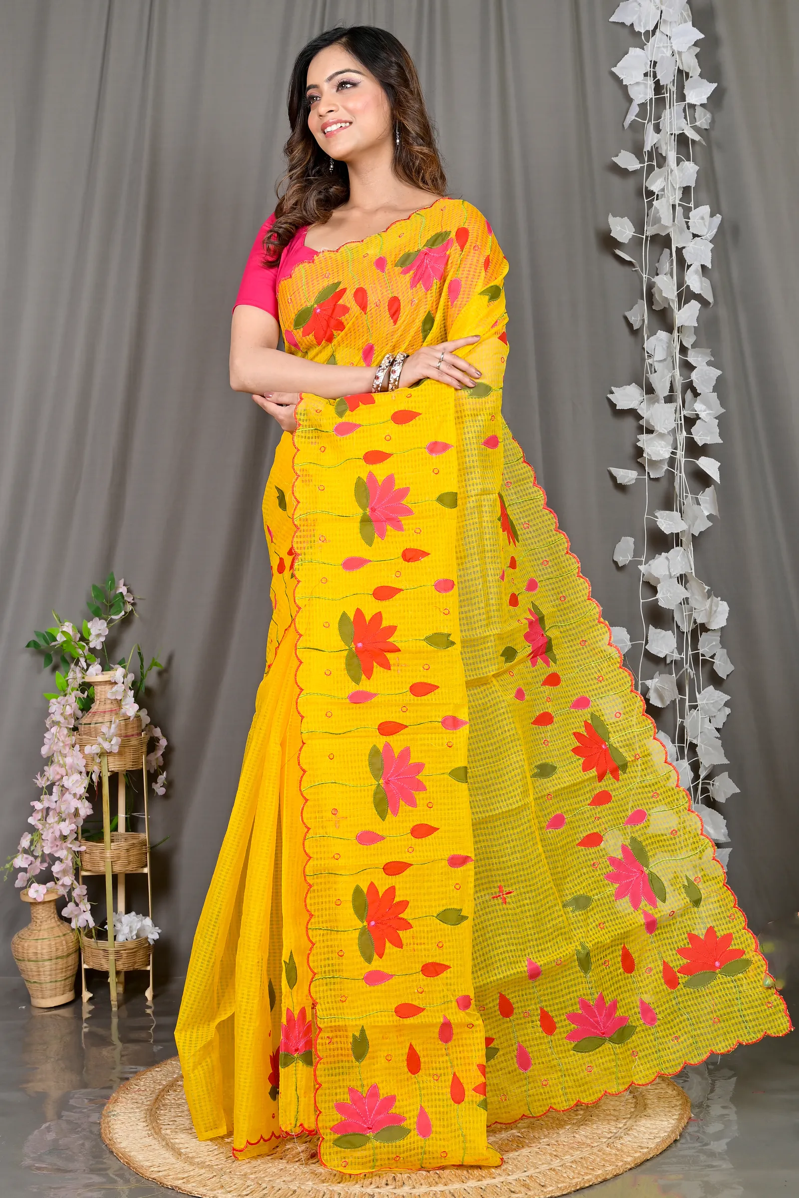 DipDiya Kota Cotton Yellow Parva Stories of Bengal Kota Applique Sarees