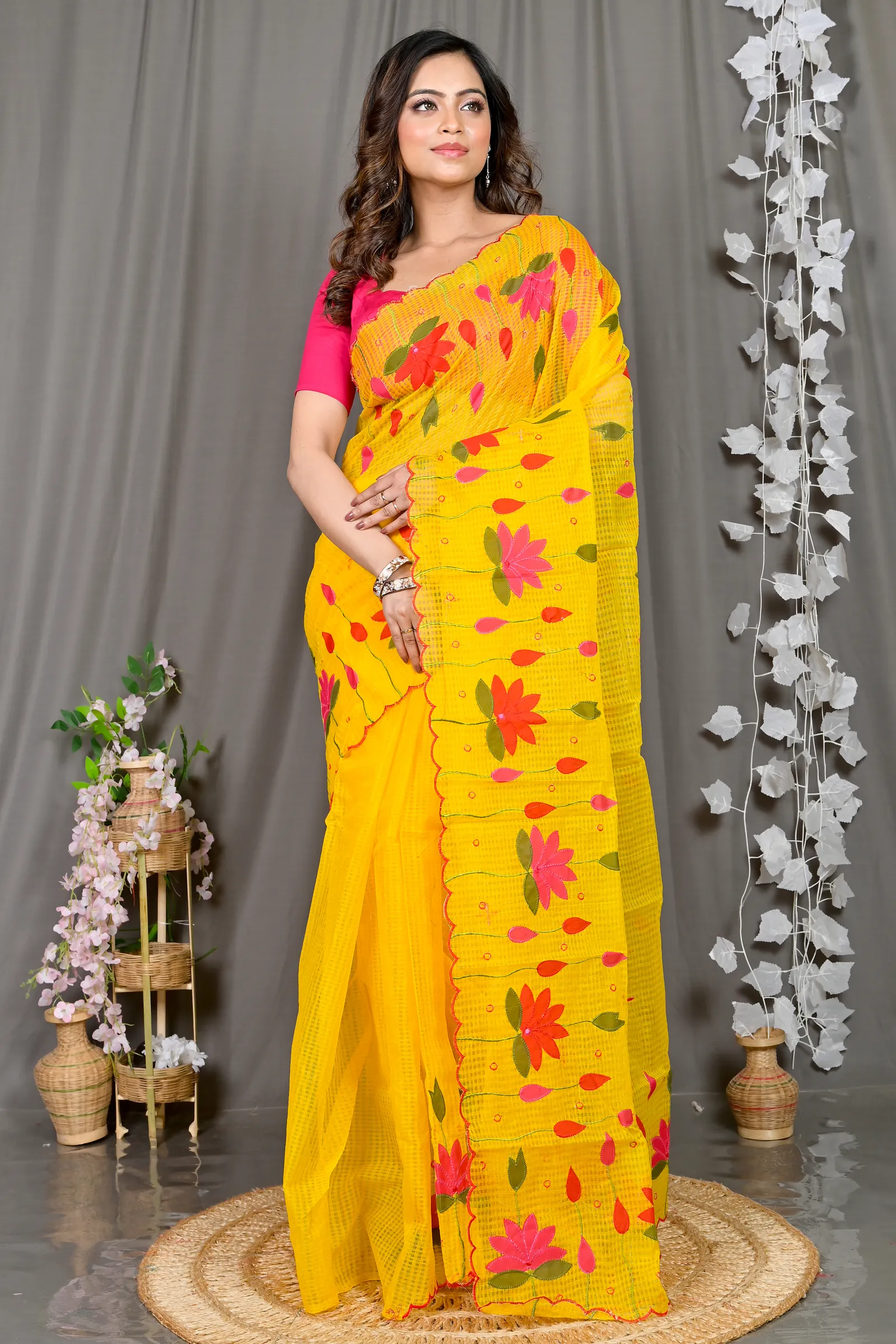 DipDiya Kota Cotton Yellow Parva Stories of Bengal Kota Applique Sarees