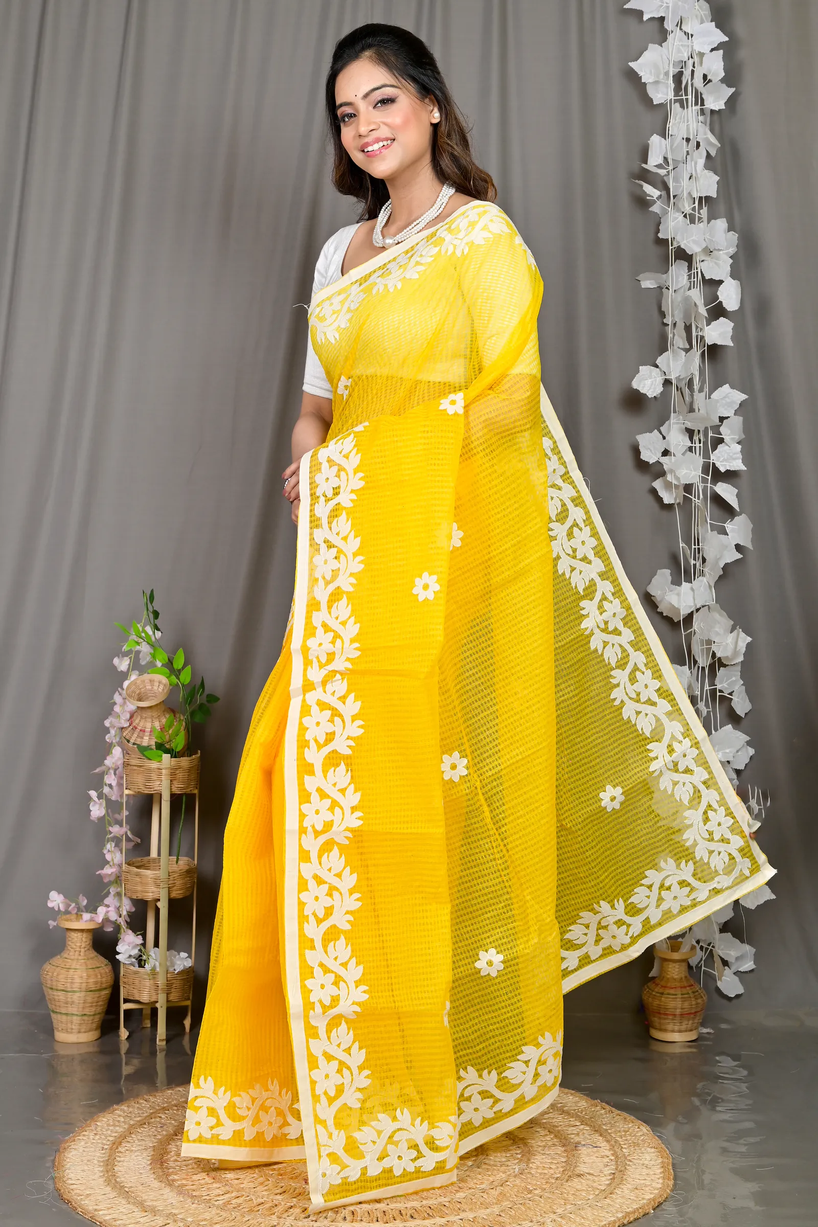 DipDiya Kota Cotton Yellow Parvani Weaves with a Story Kota Applique Sarees