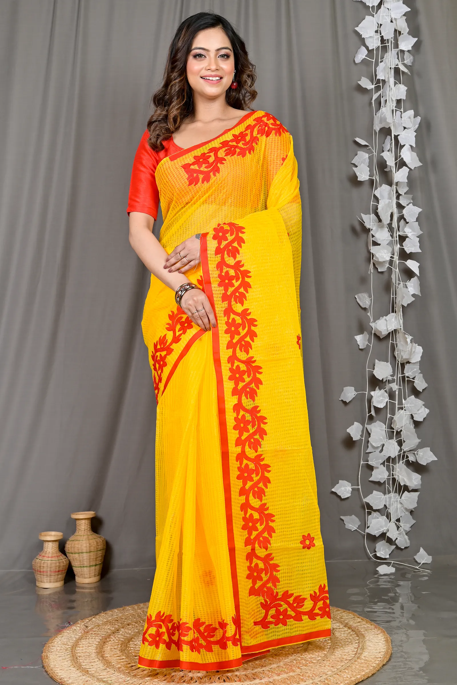 DipDiya Kota Cotton Yellow Red Parvani Timeless Bengal Kota Applique Sarees