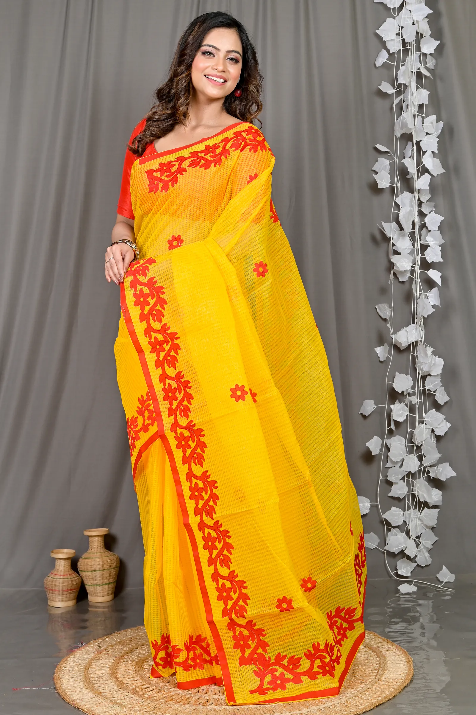DipDiya Kota Cotton Yellow Red Parvani Timeless Bengal Kota Applique Sarees