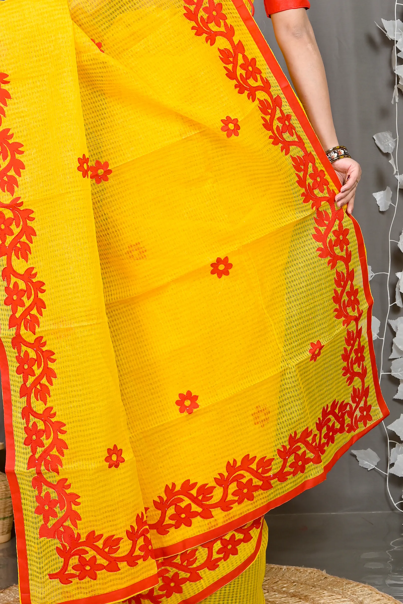 DipDiya Kota Cotton Yellow Red Parvani Timeless Bengal Kota Applique Sarees