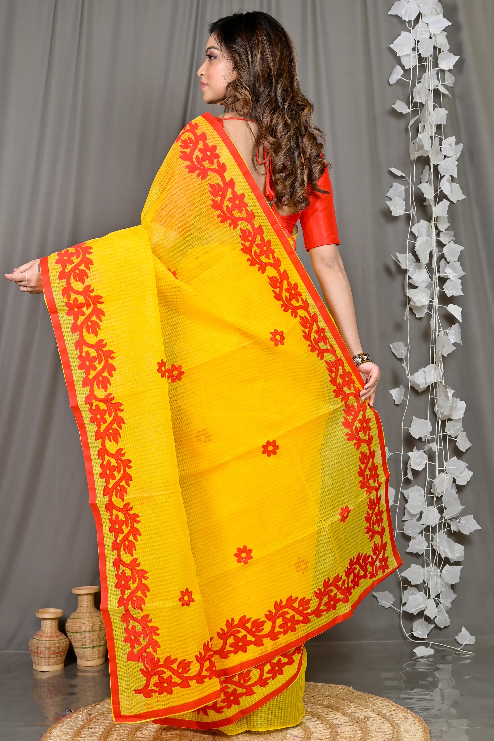 DipDiya Kota Cotton Yellow Red Parvani Timeless Bengal Kota Applique Sarees