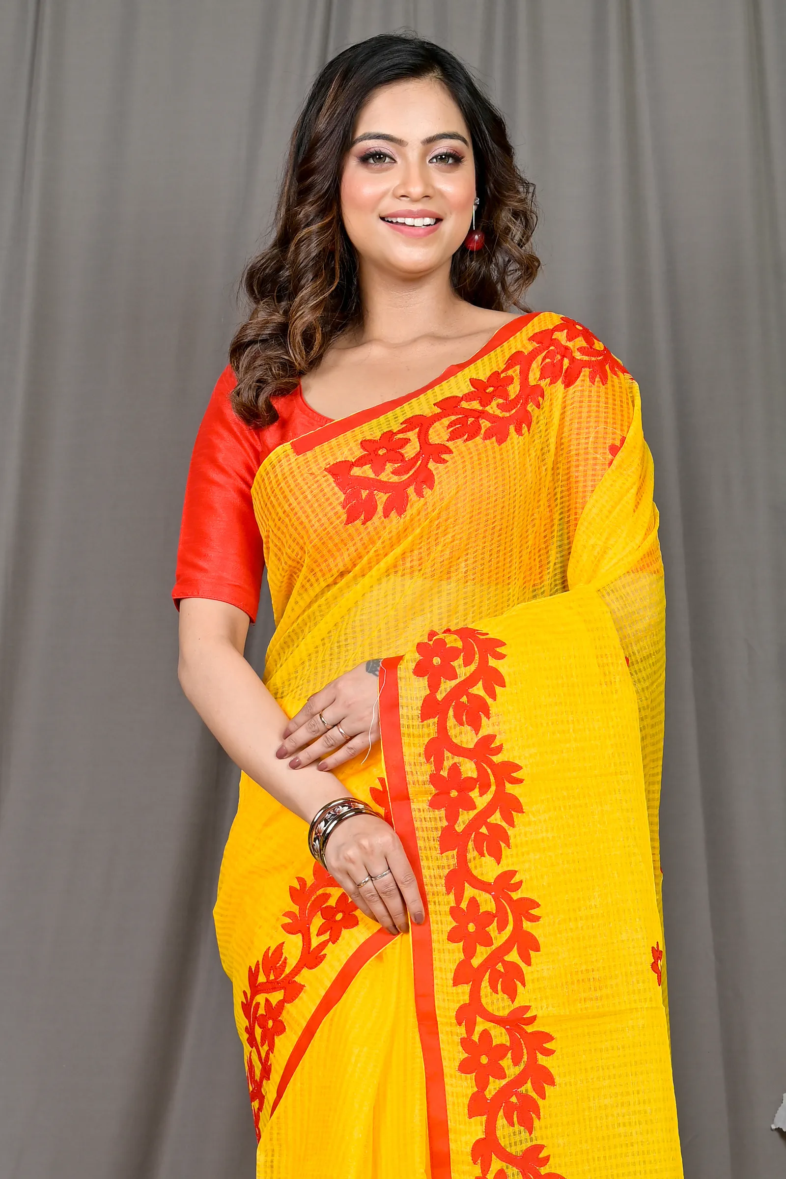 DipDiya Kota Cotton Yellow Red Parvani Timeless Bengal Kota Applique Sarees